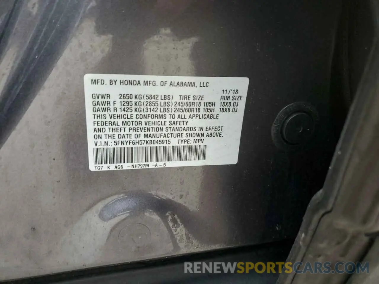 13 Photograph of a damaged car 5FNYF6H57KB045915 HONDA PILOT 2019