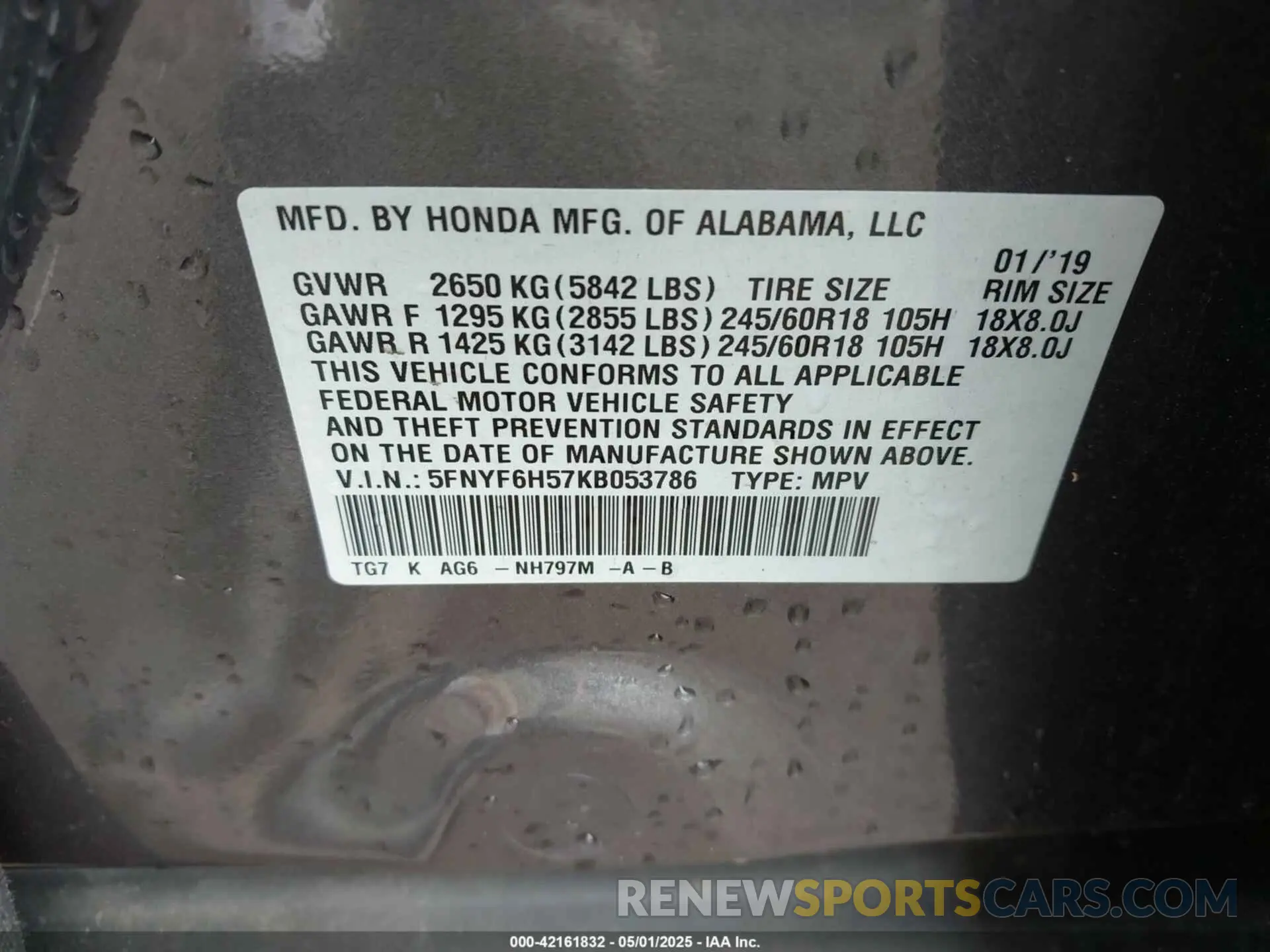 9 Photograph of a damaged car 5FNYF6H57KB053786 HONDA PILOT 2019