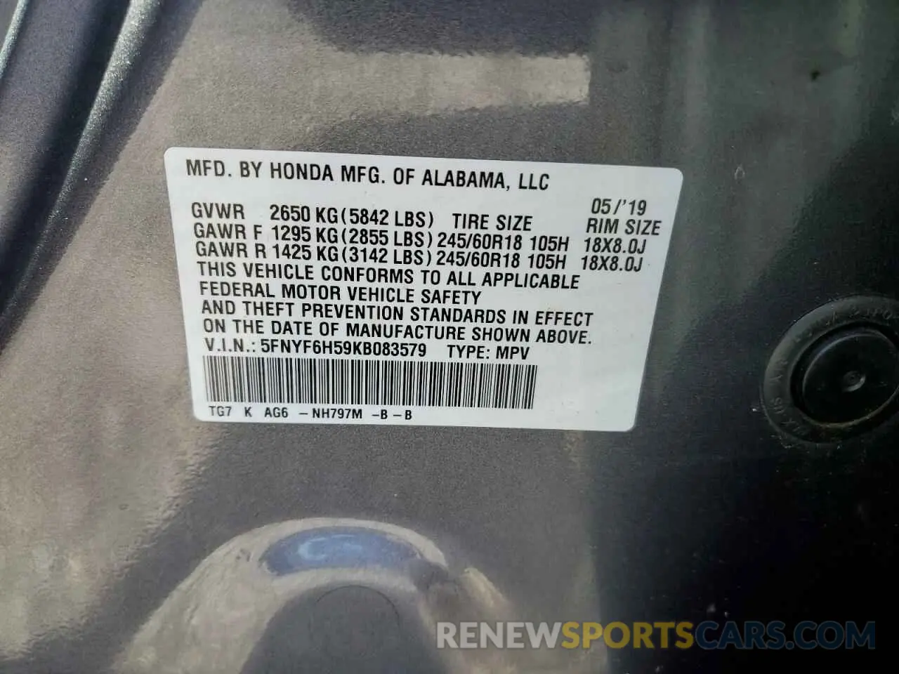 13 Photograph of a damaged car 5FNYF6H59KB083579 HONDA PILOT 2019