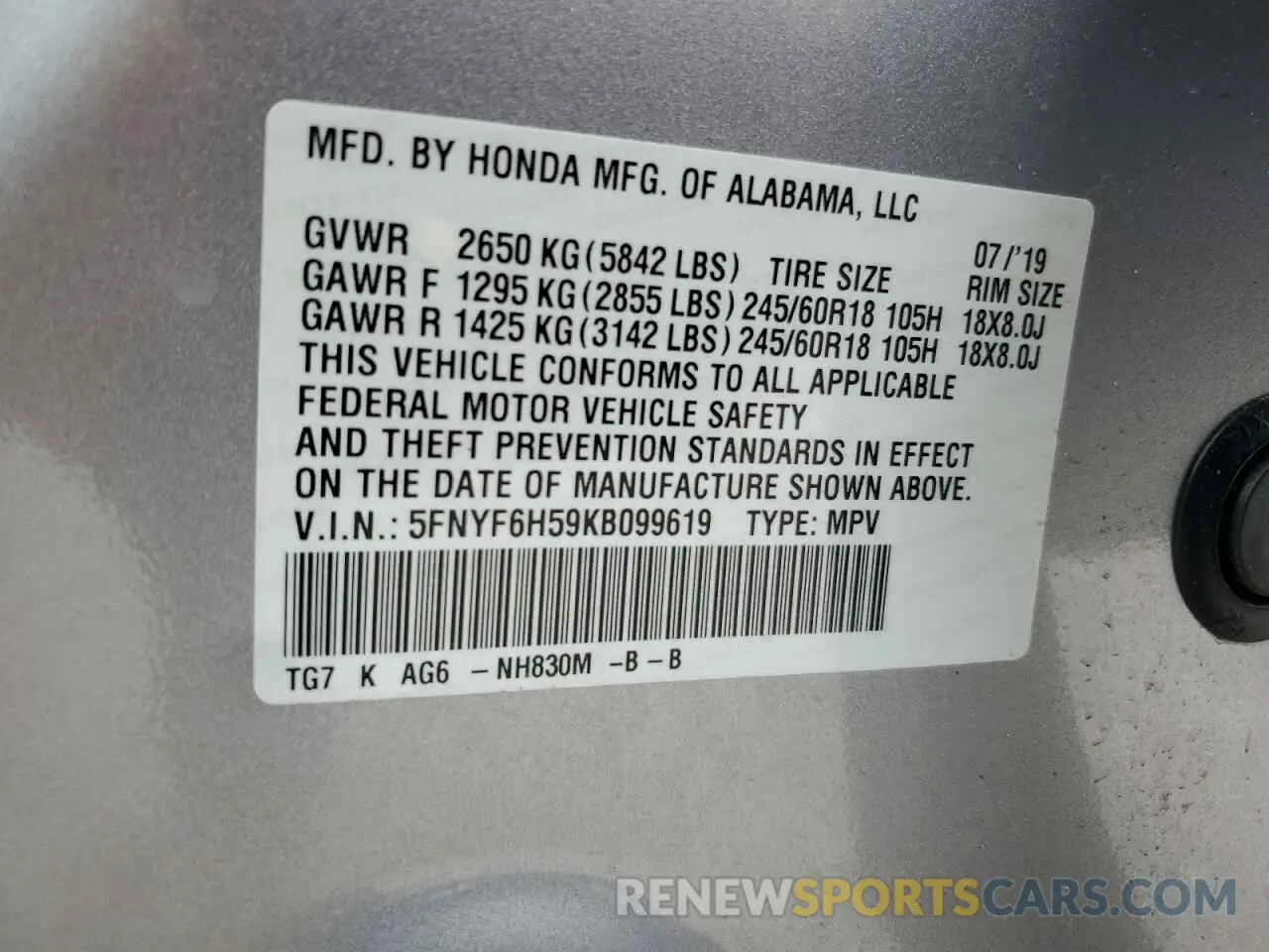 13 Photograph of a damaged car 5FNYF6H59KB099619 HONDA PILOT 2019