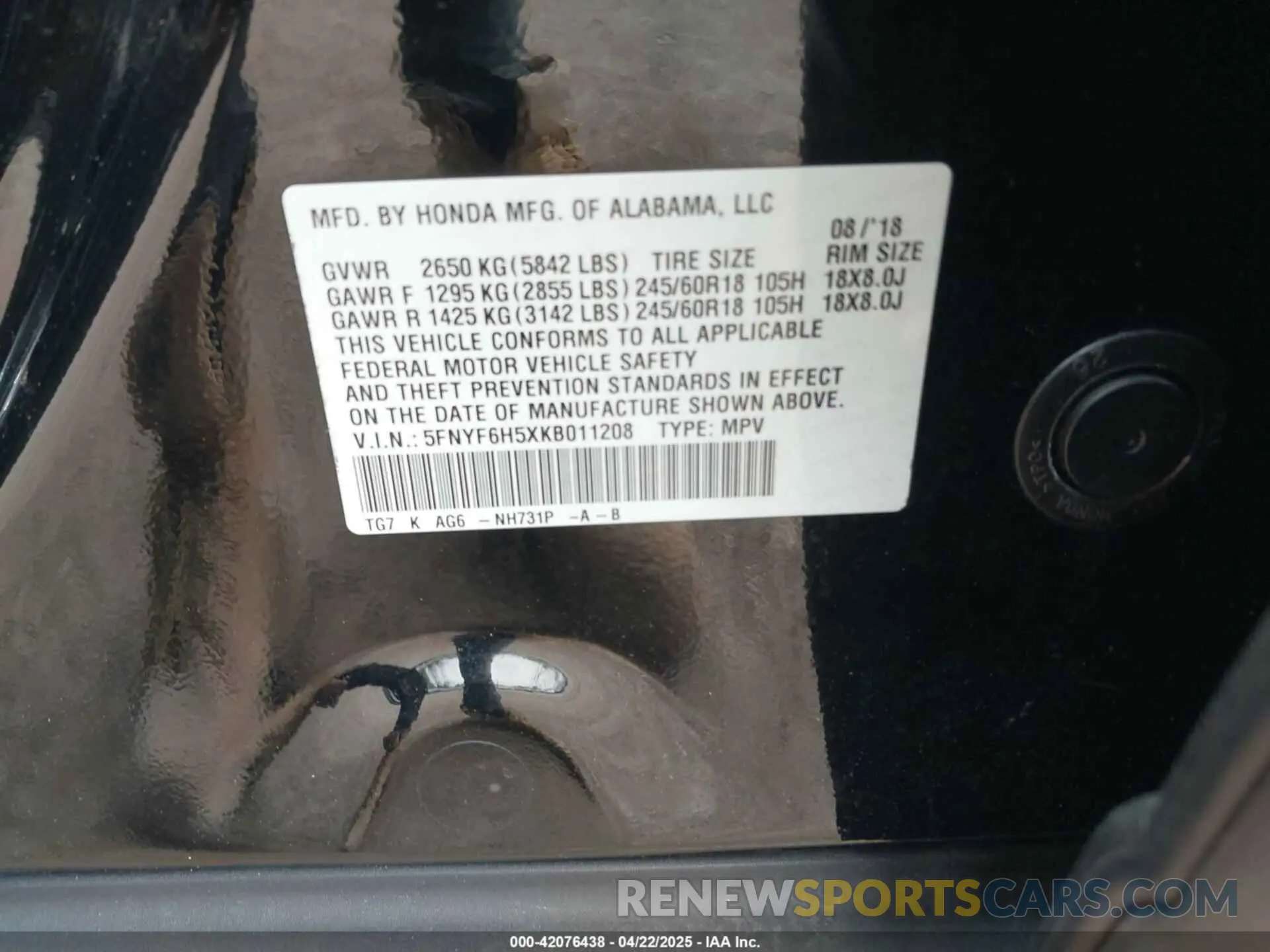 9 Photograph of a damaged car 5FNYF6H5XKB011208 HONDA PILOT 2019