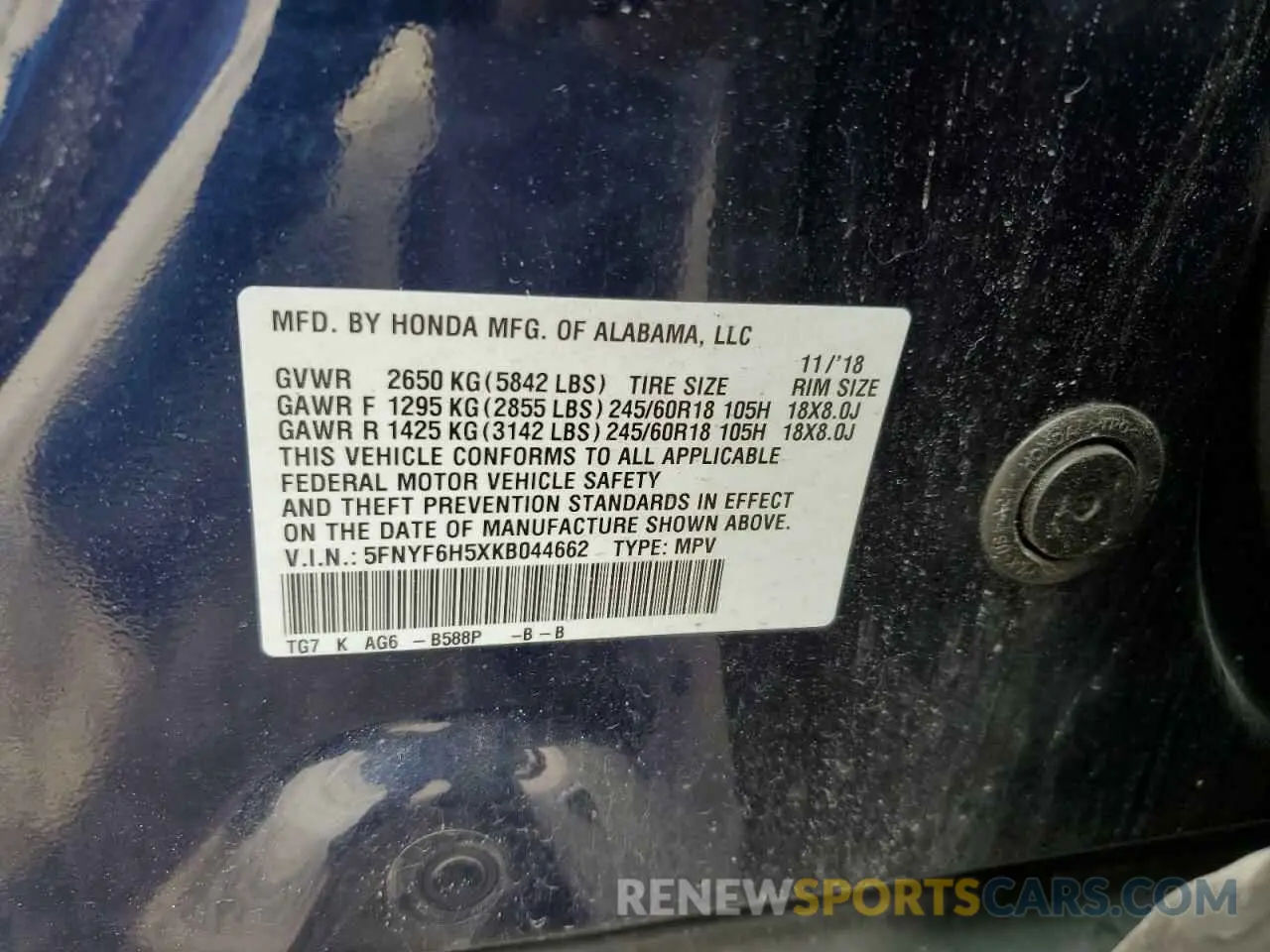 13 Photograph of a damaged car 5FNYF6H5XKB044662 HONDA PILOT 2019