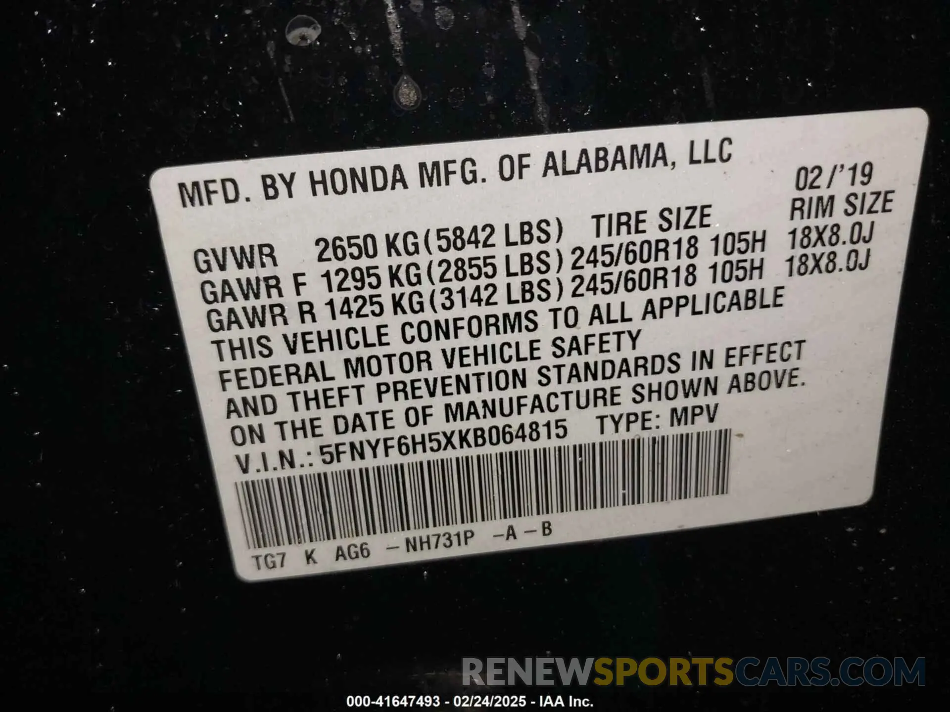 9 Photograph of a damaged car 5FNYF6H5XKB064815 HONDA PILOT 2019