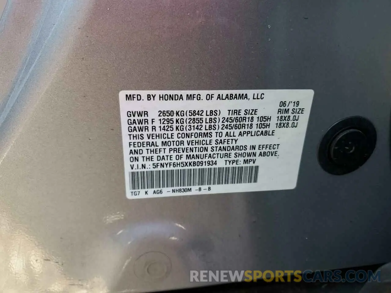 13 Photograph of a damaged car 5FNYF6H5XKB091934 HONDA PILOT 2019