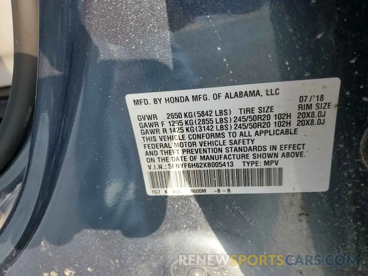 13 Photograph of a damaged car 5FNYF6H62KB005413 HONDA PILOT 2019