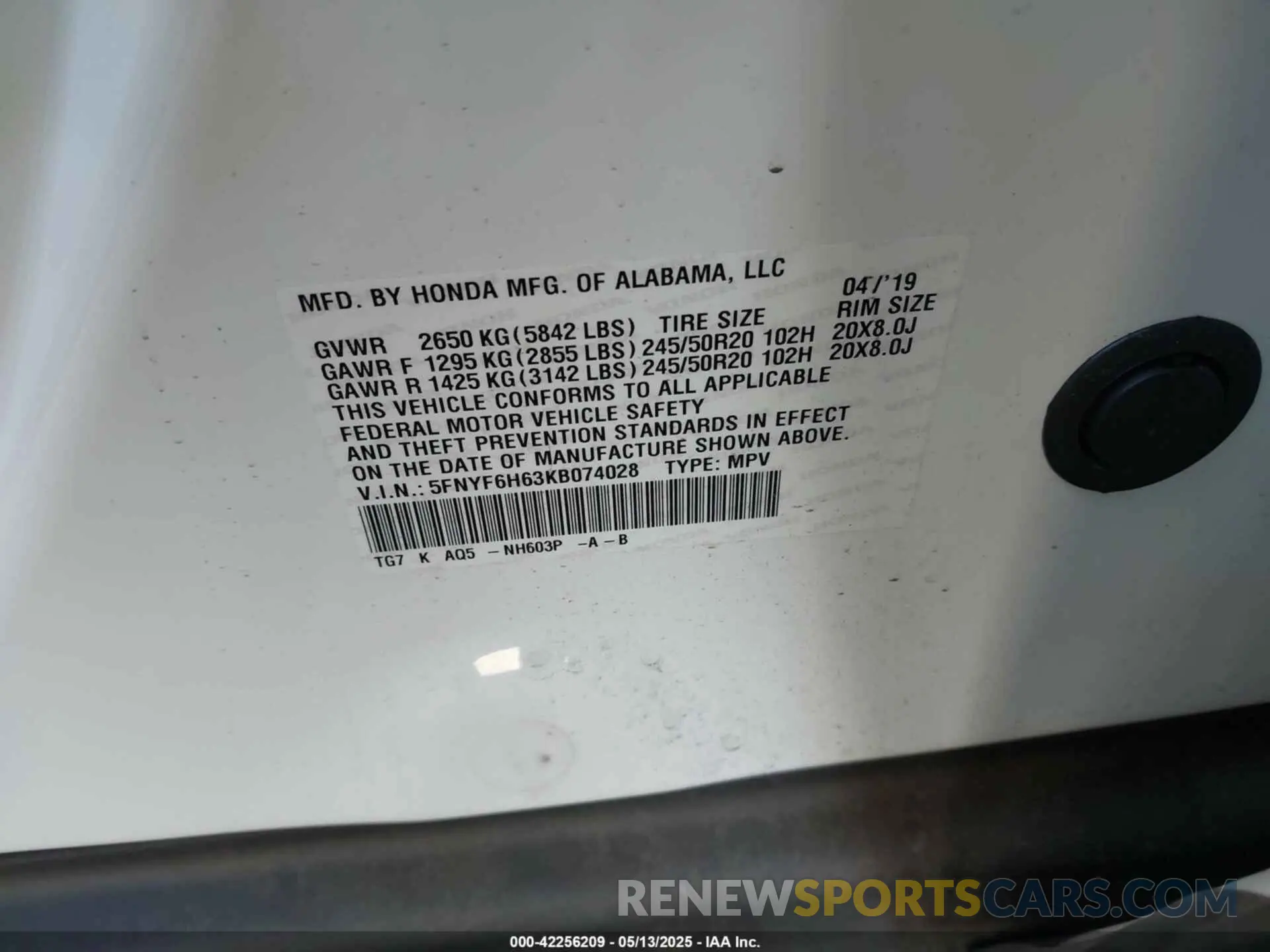 9 Photograph of a damaged car 5FNYF6H63KB074028 HONDA PILOT 2019
