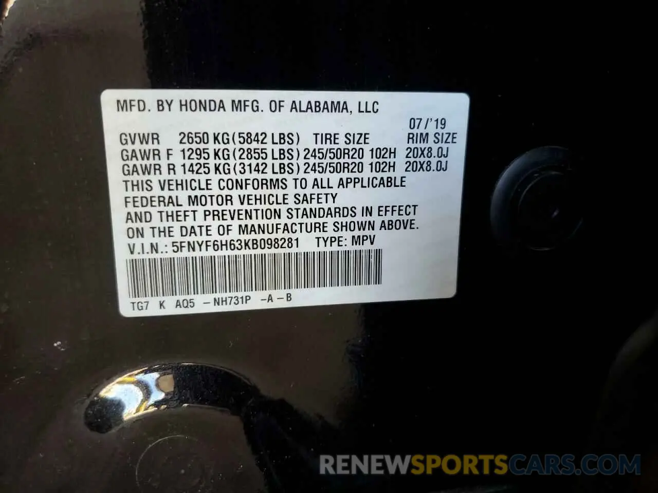 13 Photograph of a damaged car 5FNYF6H63KB098281 HONDA PILOT 2019