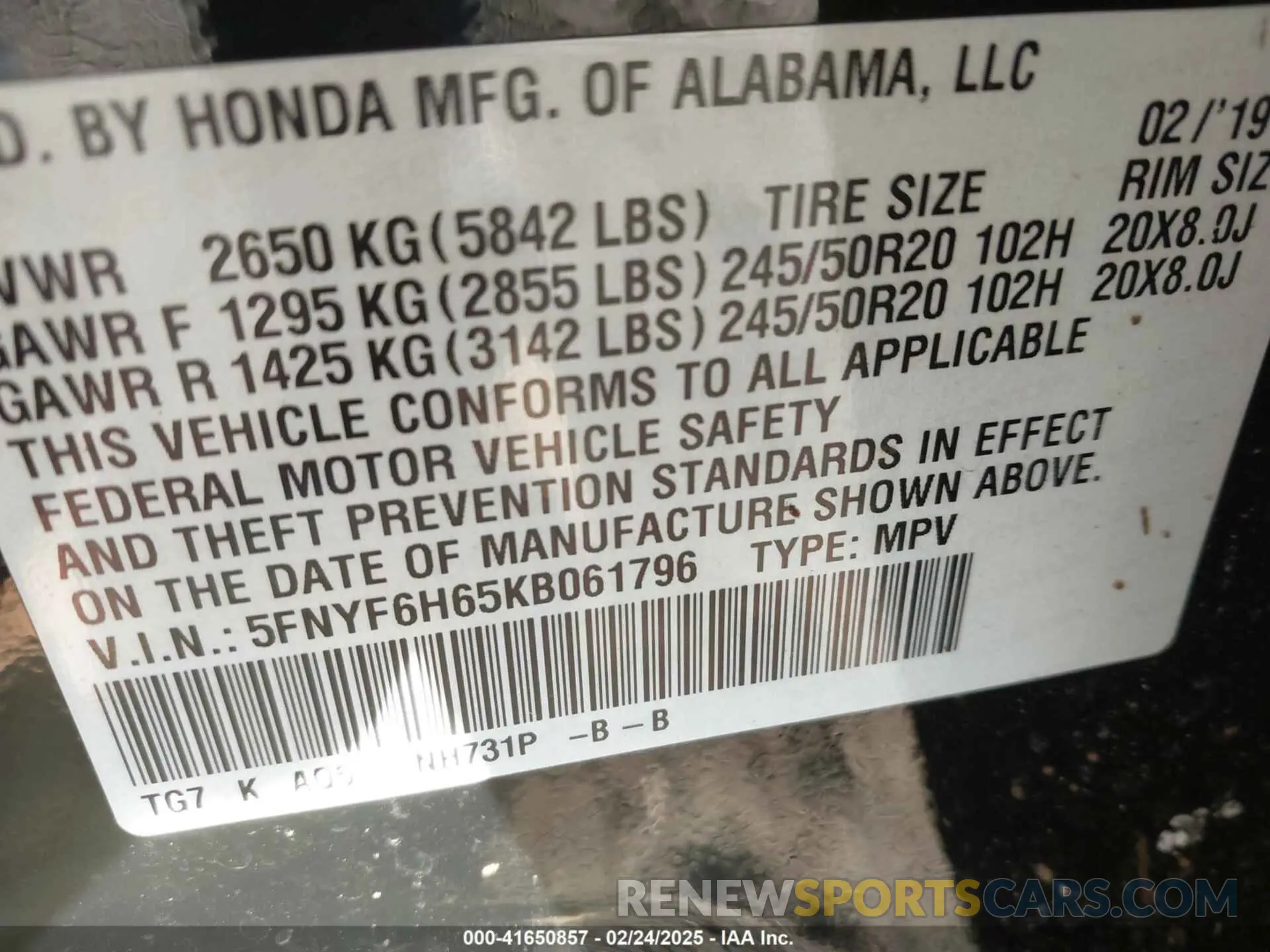 9 Photograph of a damaged car 5FNYF6H65KB061796 HONDA PILOT 2019