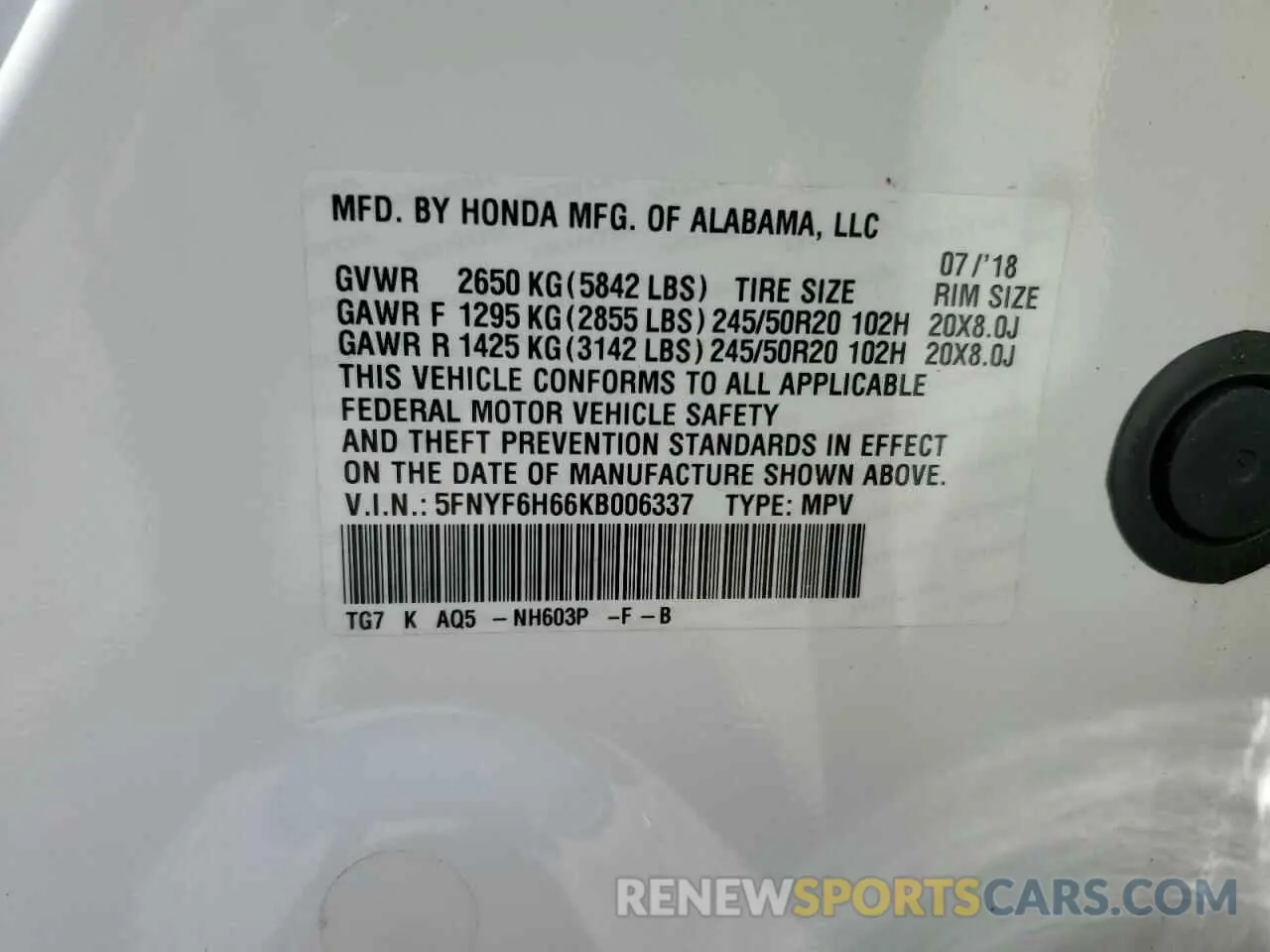 13 Photograph of a damaged car 5FNYF6H66KB006337 HONDA PILOT 2019