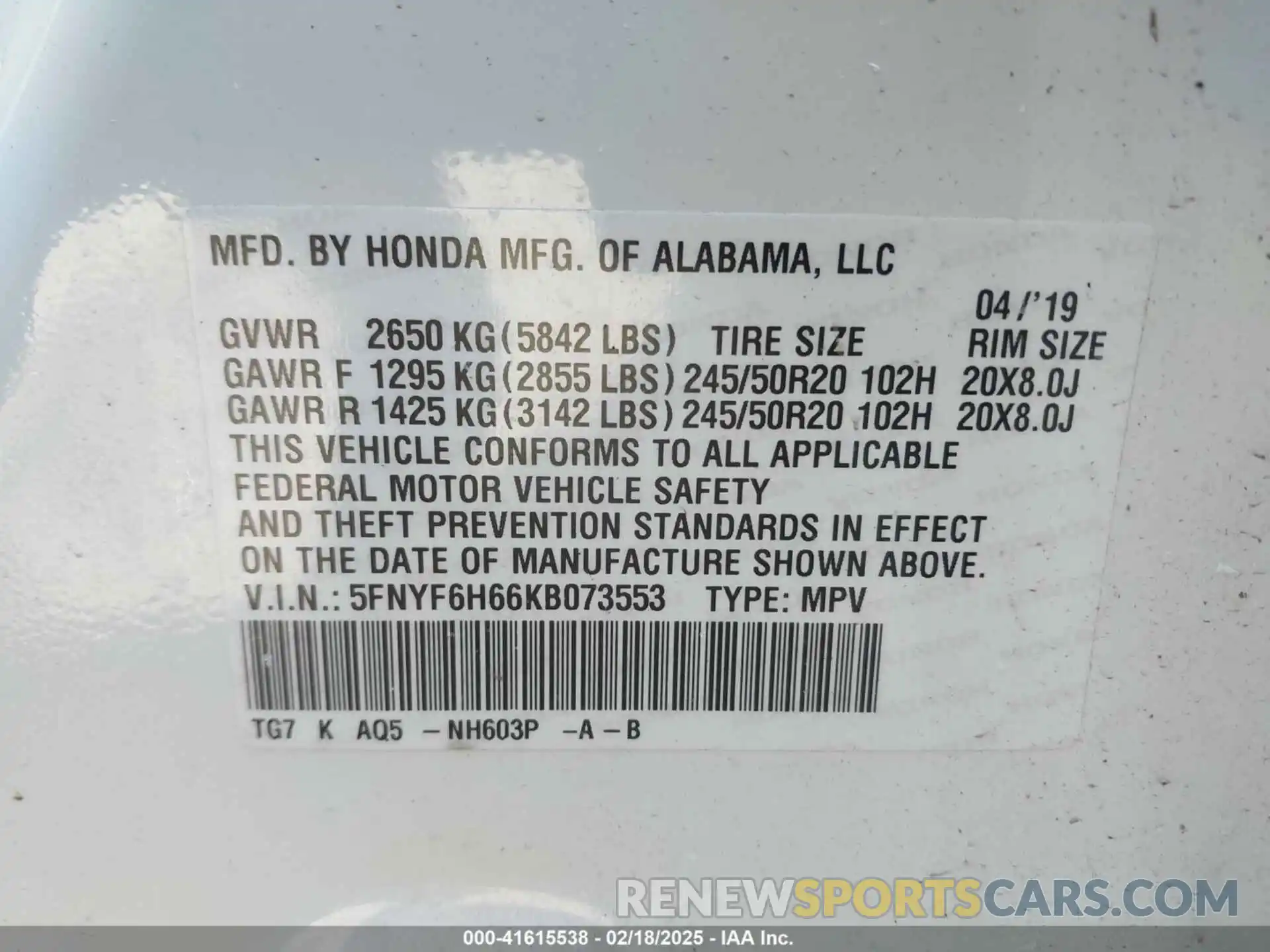 9 Photograph of a damaged car 5FNYF6H66KB073553 HONDA PILOT 2019