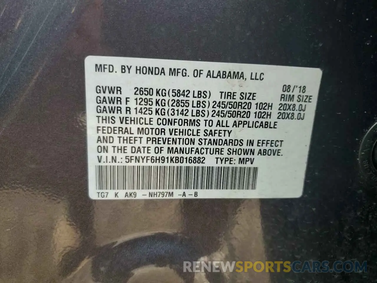 13 Photograph of a damaged car 5FNYF6H91KB016882 HONDA PILOT 2019