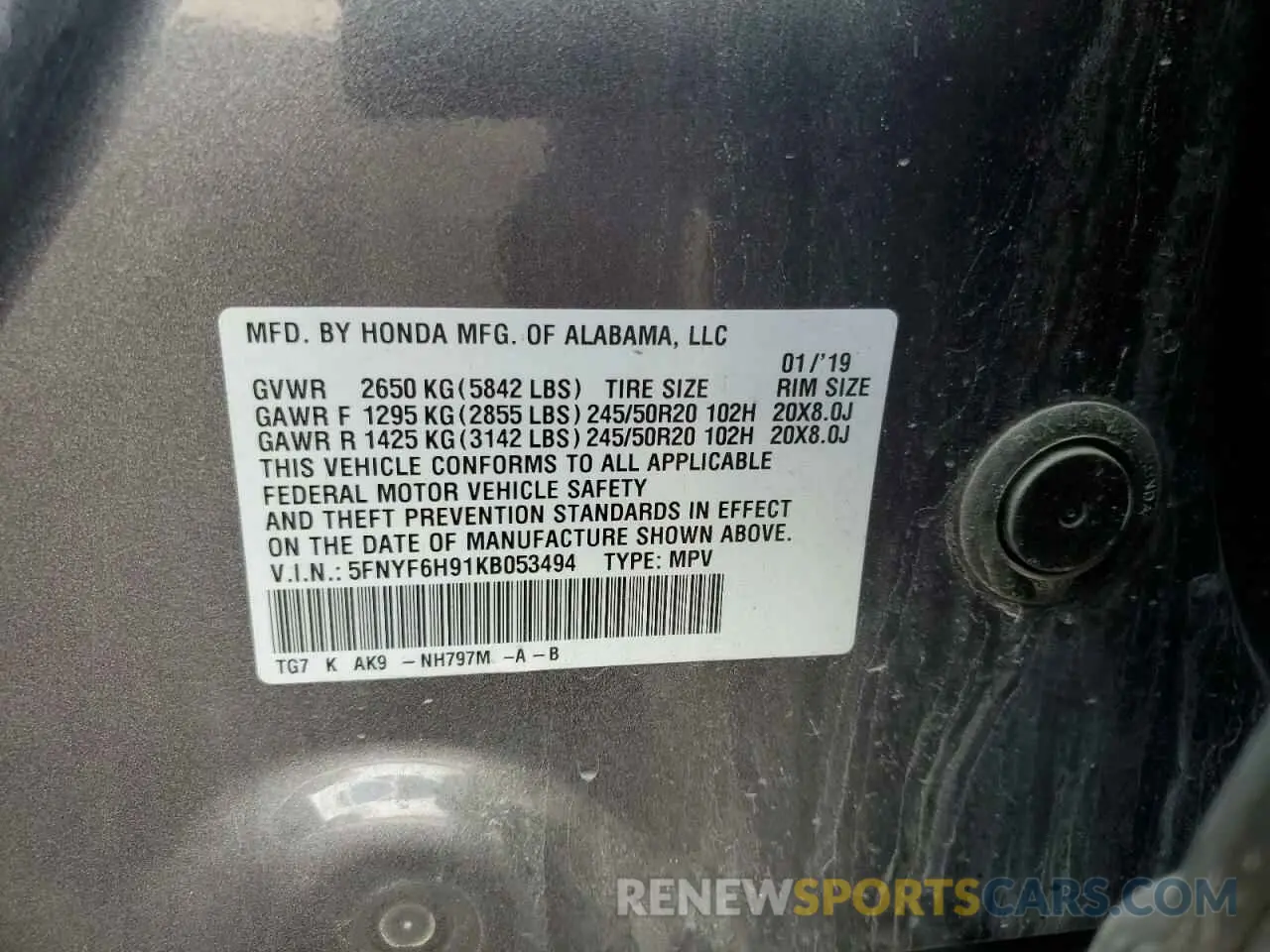 13 Photograph of a damaged car 5FNYF6H91KB053494 HONDA PILOT 2019