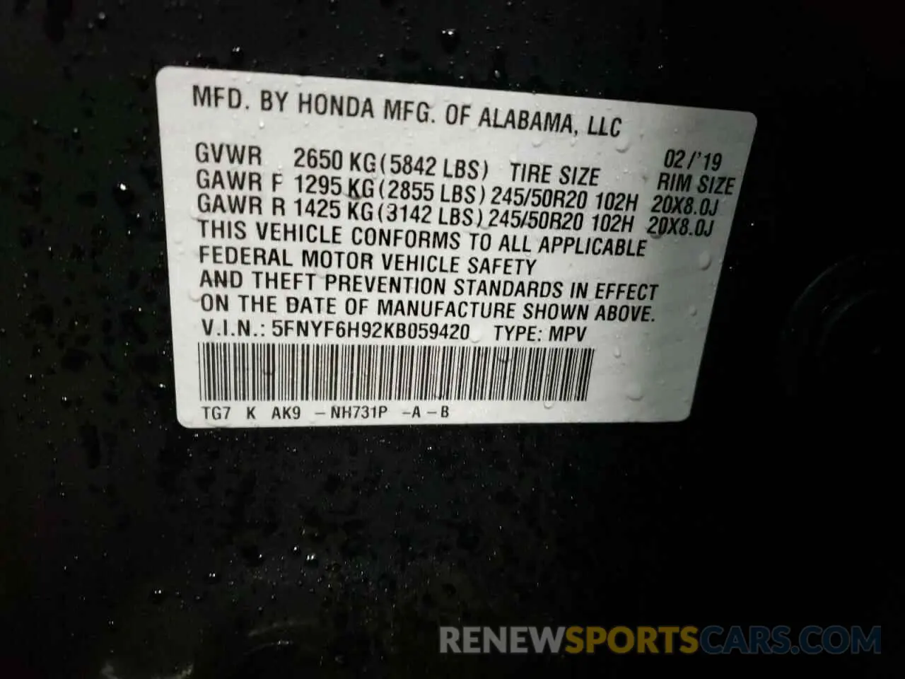 12 Photograph of a damaged car 5FNYF6H92KB059420 HONDA PILOT 2019