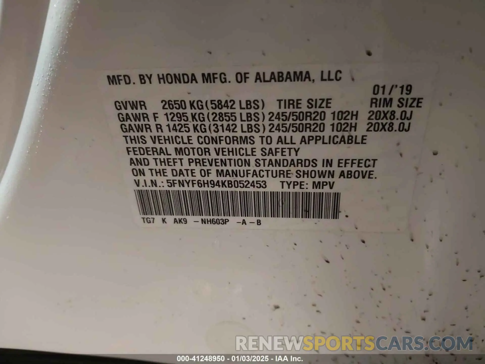 9 Photograph of a damaged car 5FNYF6H94KB052453 HONDA PILOT 2019