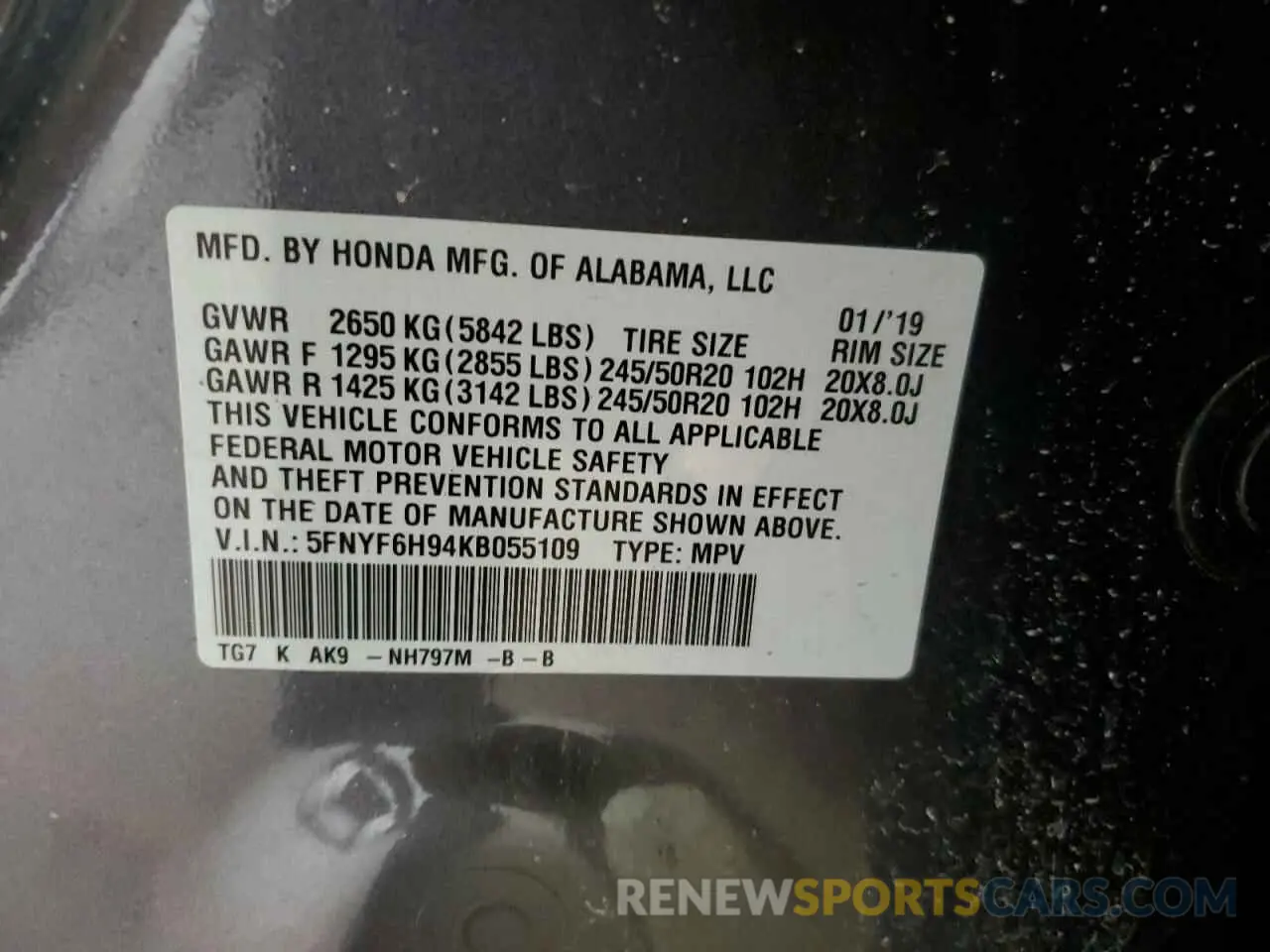13 Photograph of a damaged car 5FNYF6H94KB055109 HONDA PILOT 2019