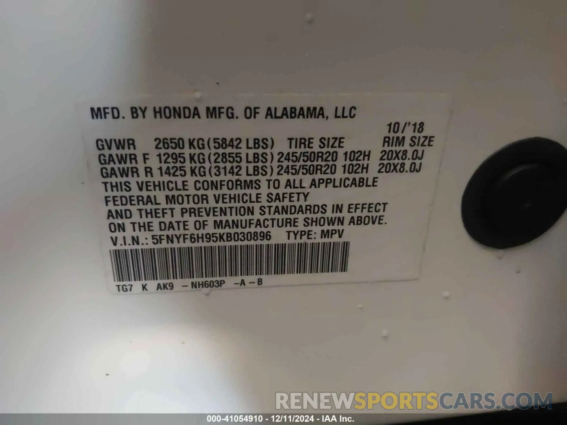 9 Photograph of a damaged car 5FNYF6H95KB030896 HONDA PILOT 2019