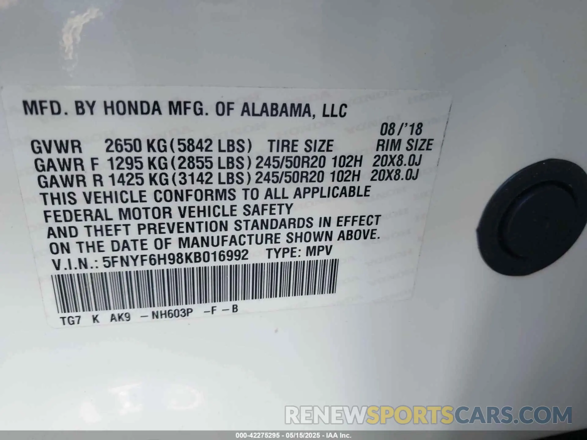 9 Photograph of a damaged car 5FNYF6H98KB016992 HONDA PILOT 2019
