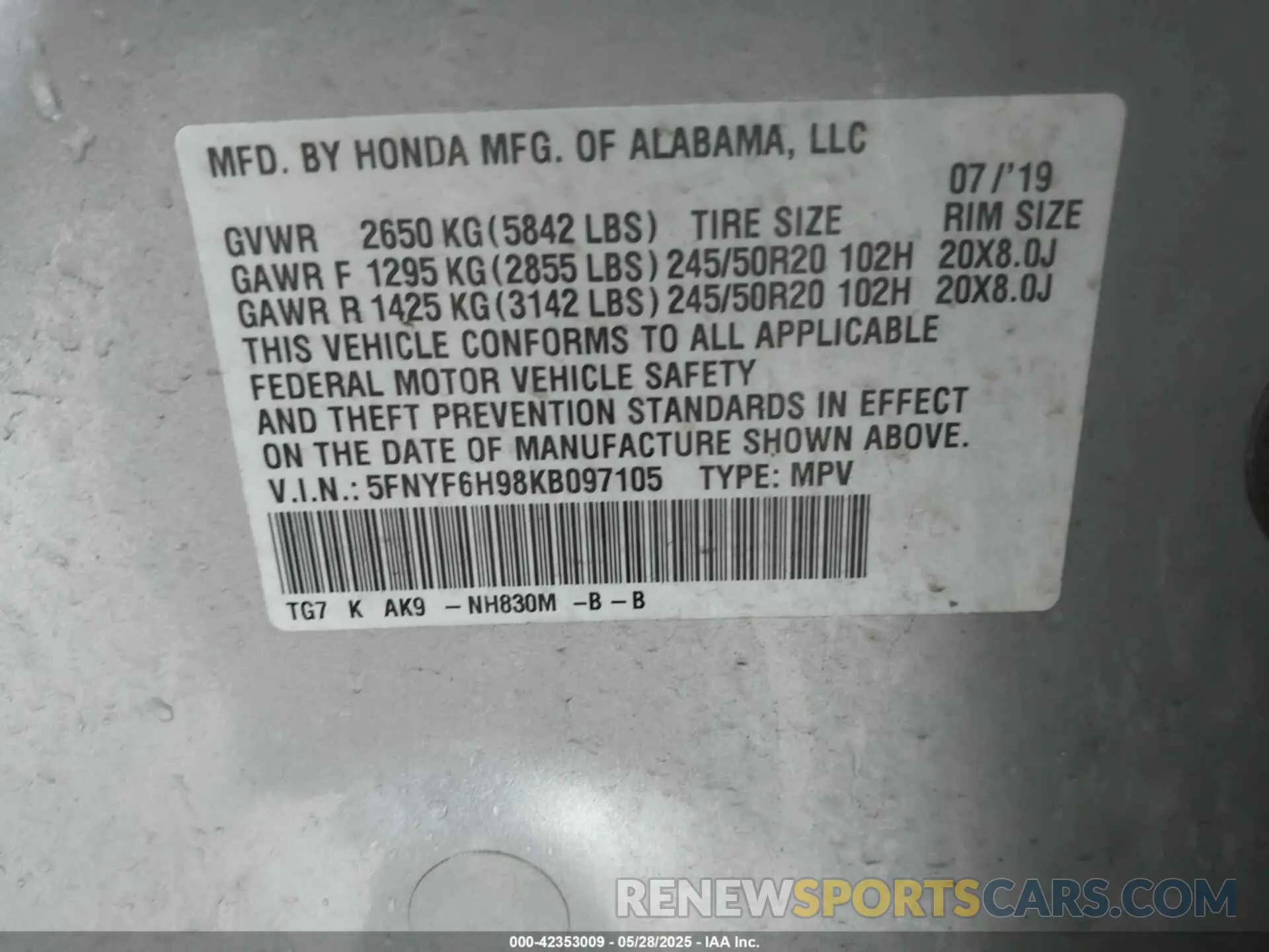 9 Photograph of a damaged car 5FNYF6H98KB097105 HONDA PILOT 2019