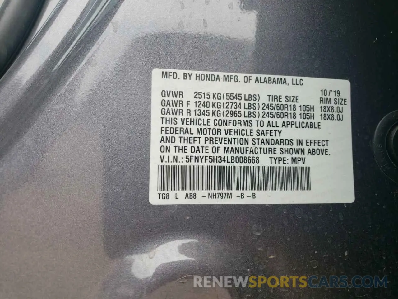 13 Photograph of a damaged car 5FNYF5H34LB008668 HONDA PILOT 2020