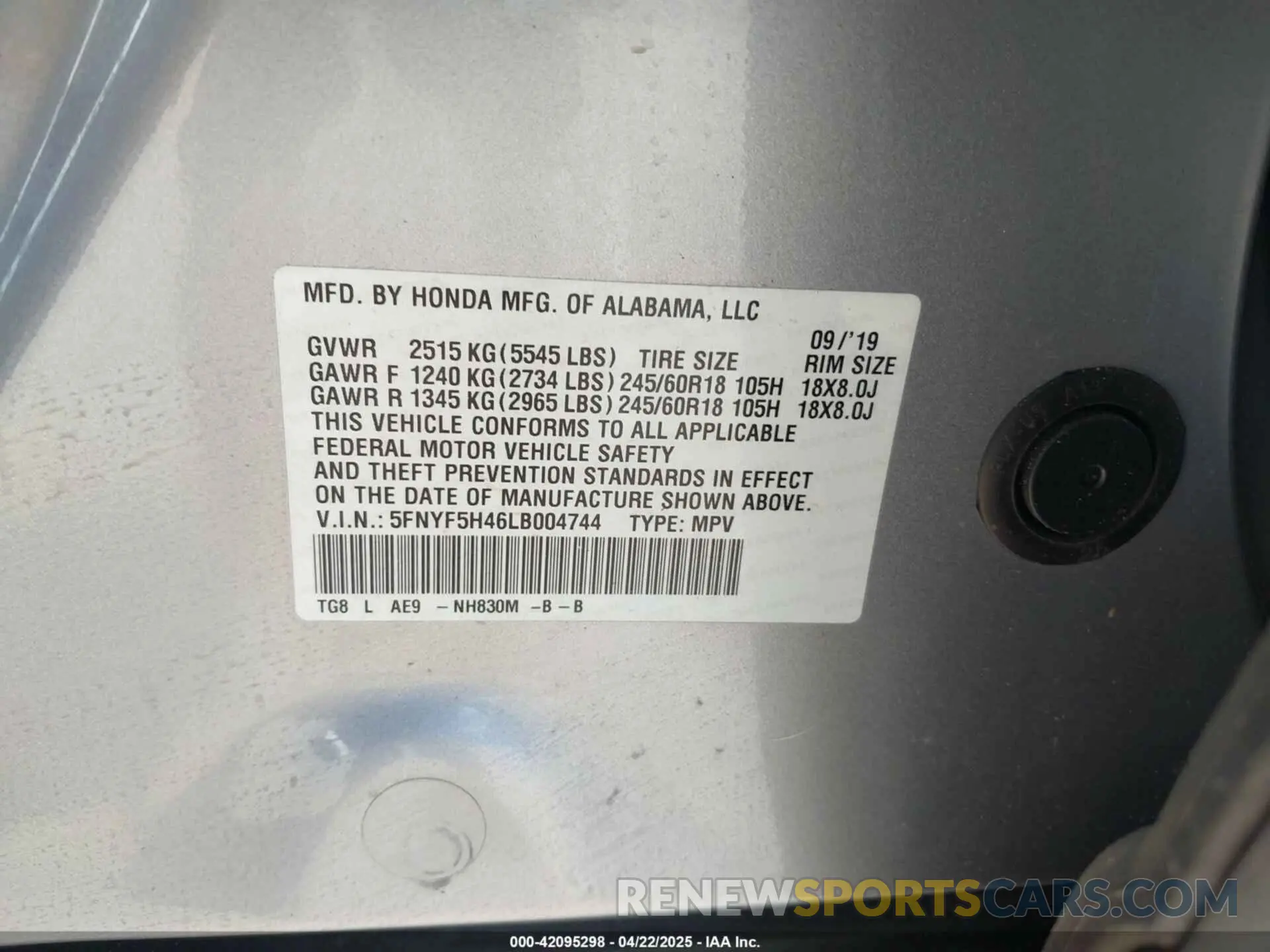 9 Photograph of a damaged car 5FNYF5H46LB004744 HONDA PILOT 2020
