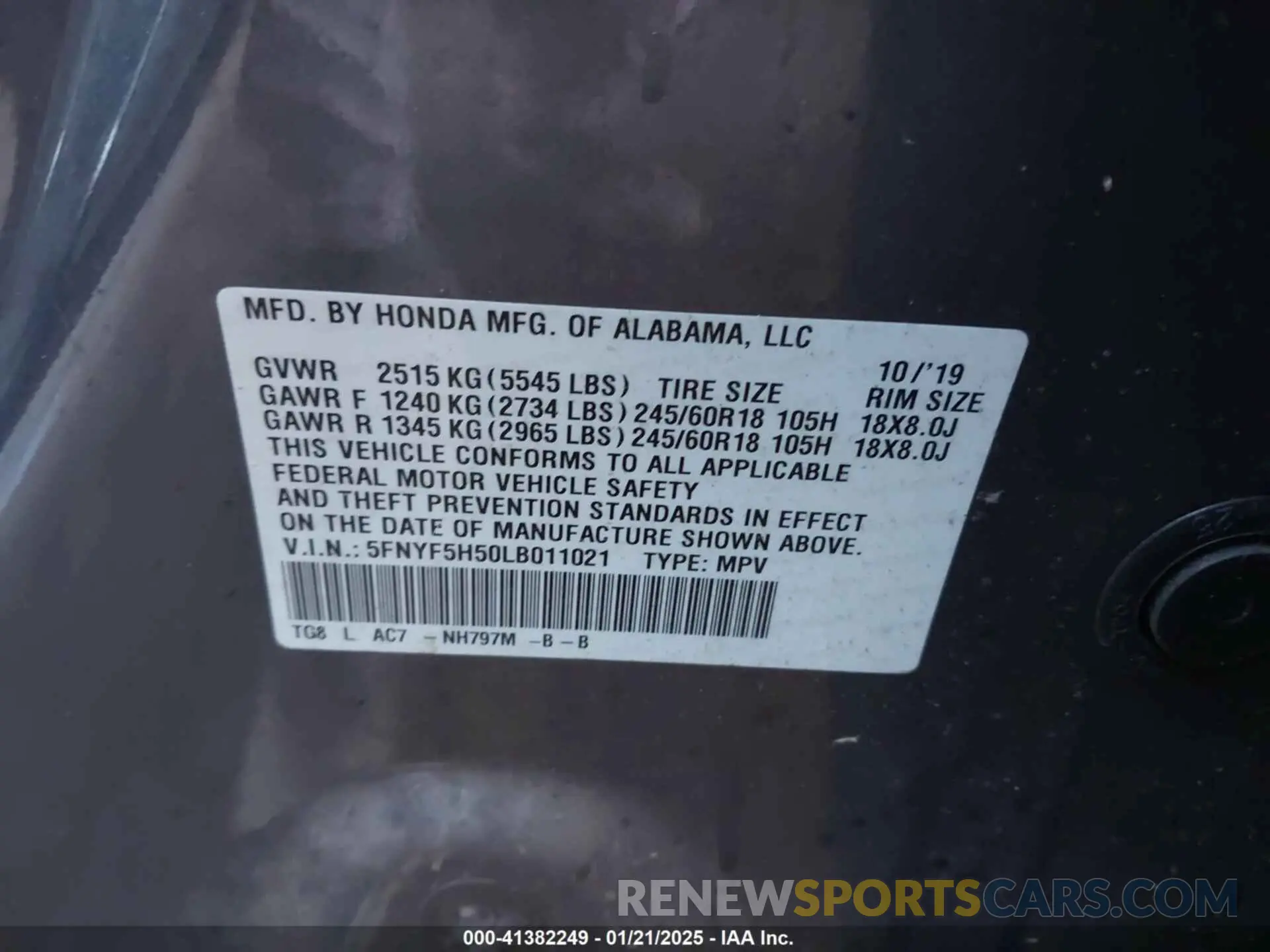 9 Photograph of a damaged car 5FNYF5H50LB011021 HONDA PILOT 2020
