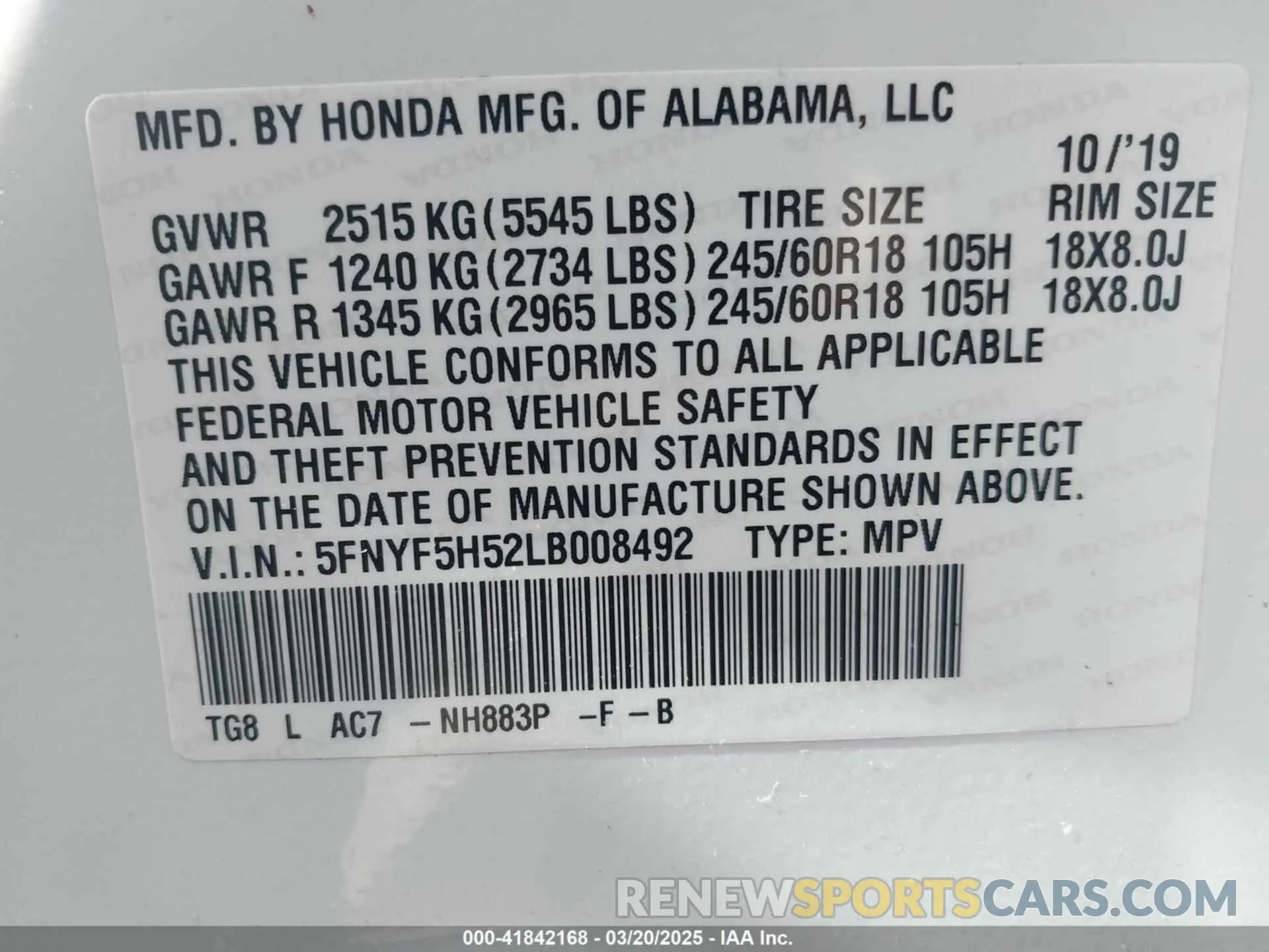 9 Photograph of a damaged car 5FNYF5H52LB008492 HONDA PILOT 2020