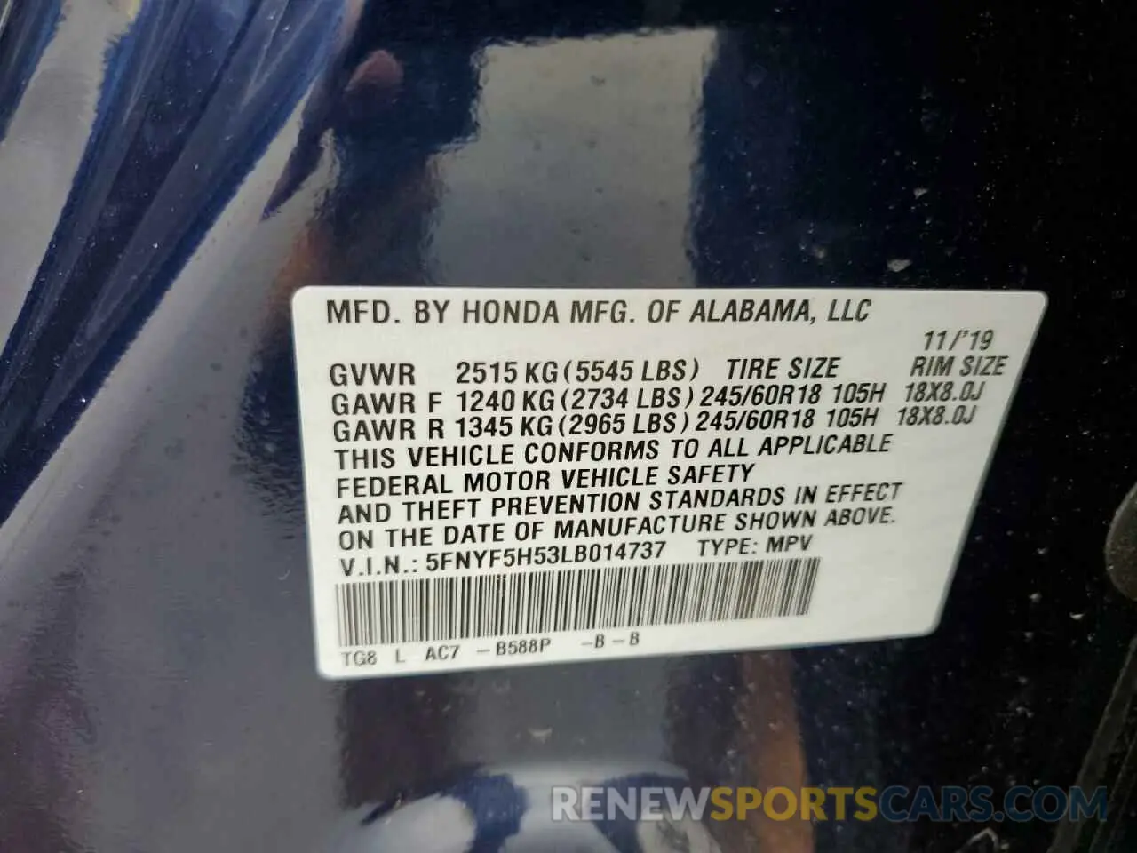 13 Photograph of a damaged car 5FNYF5H53LB014737 HONDA PILOT 2020