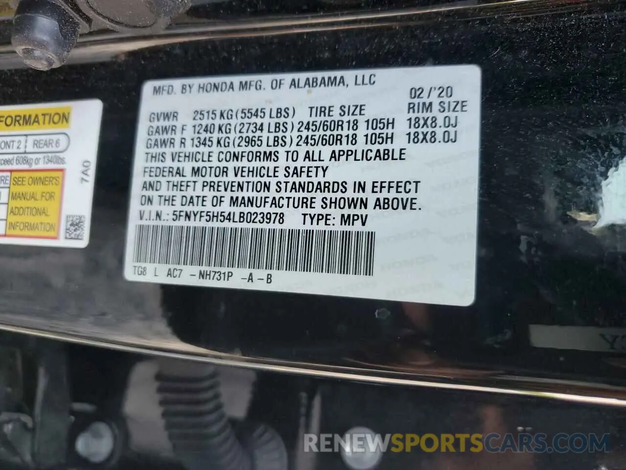 13 Photograph of a damaged car 5FNYF5H54LB023978 HONDA PILOT 2020