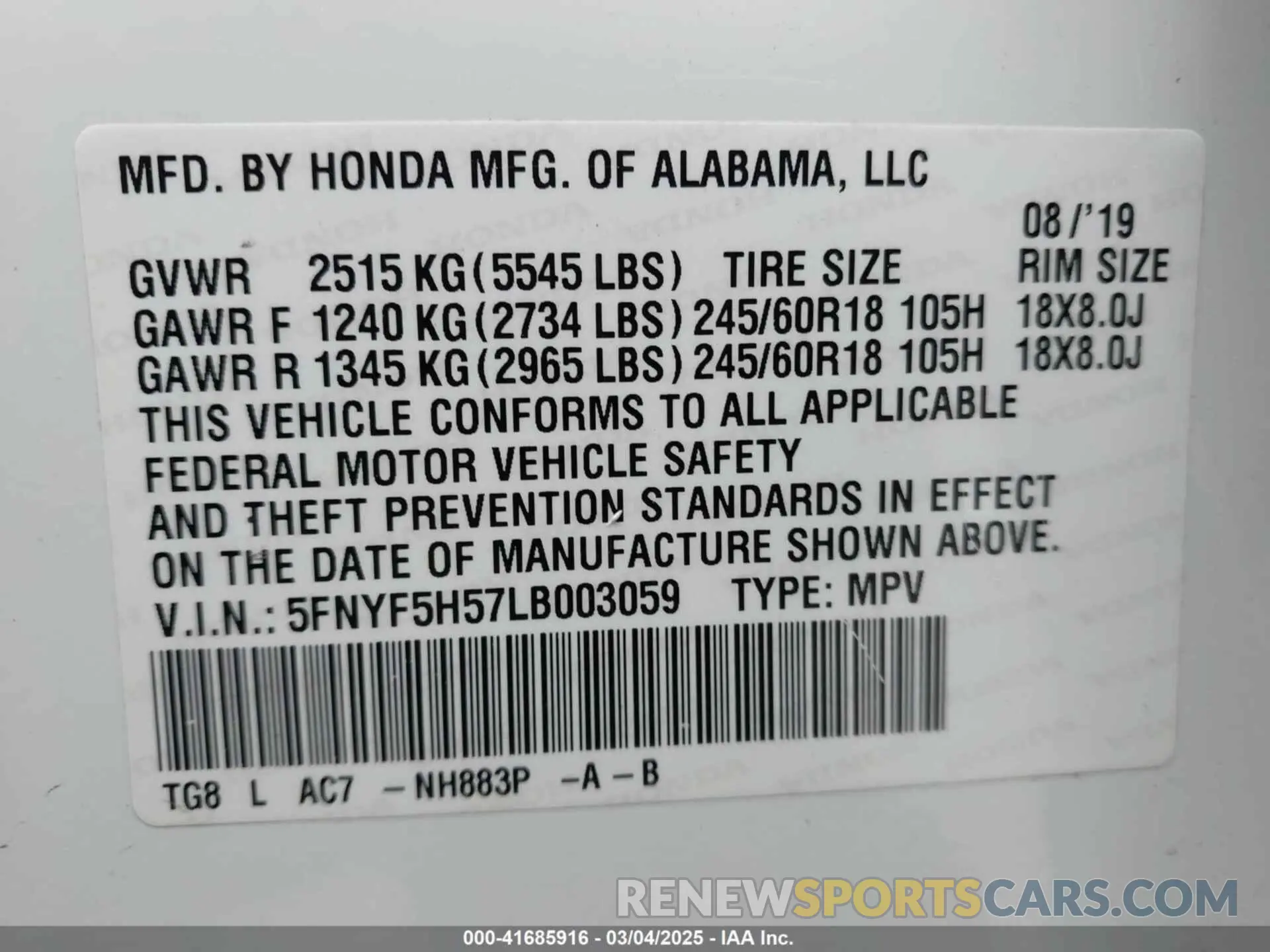 9 Photograph of a damaged car 5FNYF5H57LB003059 HONDA PILOT 2020
