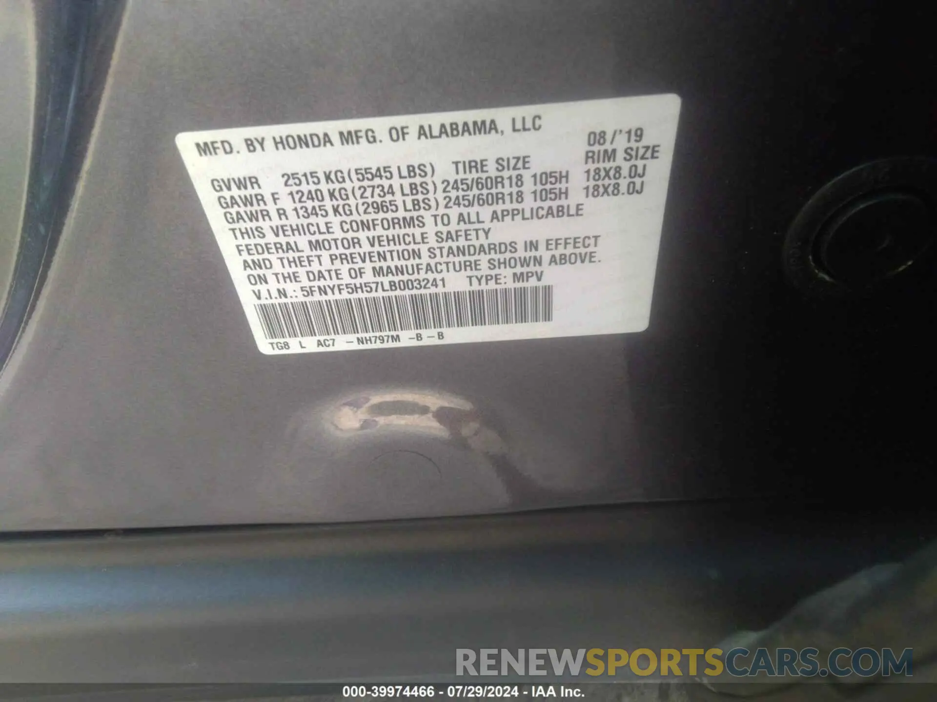 9 Photograph of a damaged car 5FNYF5H57LB003241 HONDA PILOT 2020