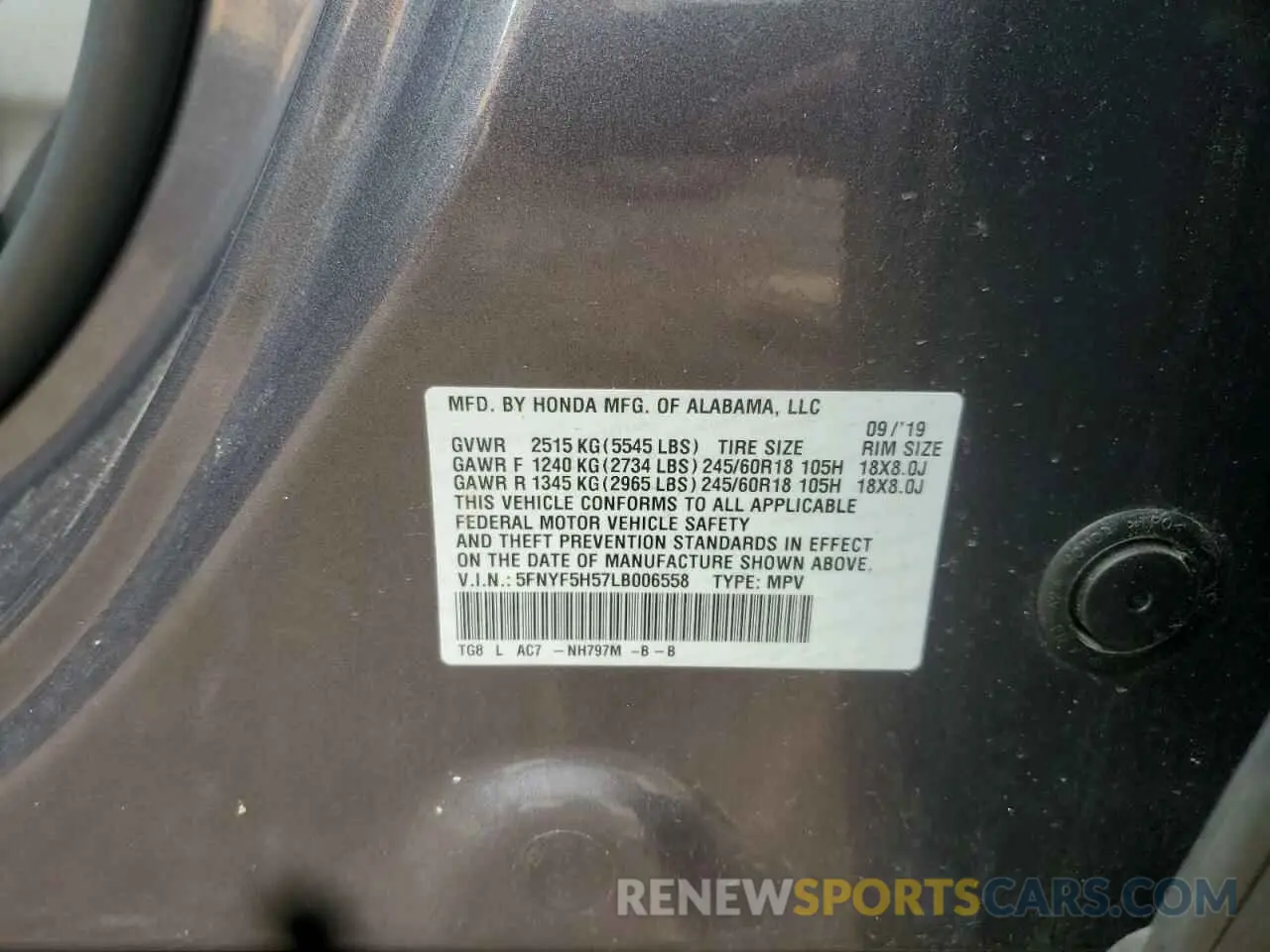 13 Photograph of a damaged car 5FNYF5H57LB006558 HONDA PILOT 2020