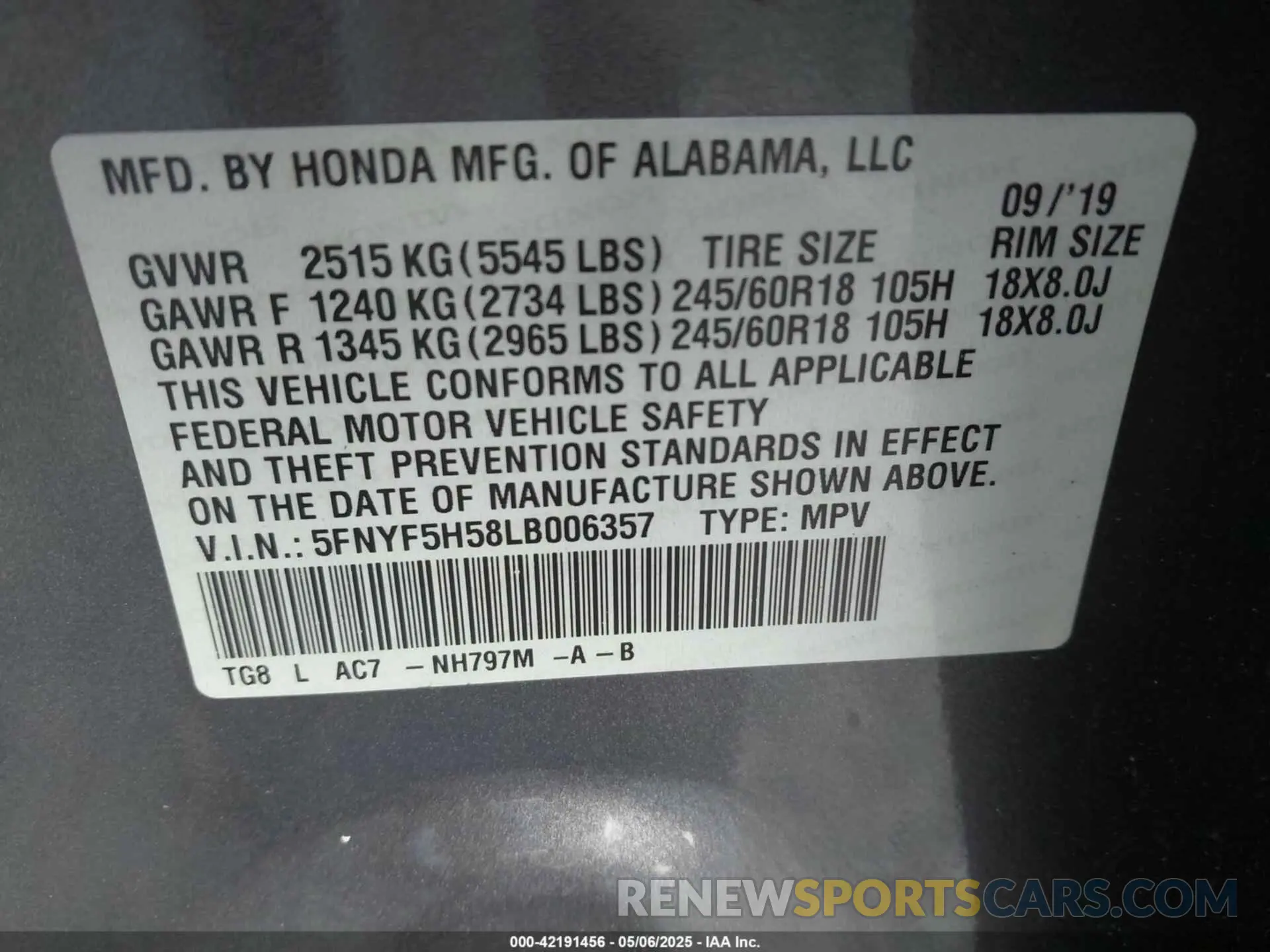 9 Photograph of a damaged car 5FNYF5H58LB006357 HONDA PILOT 2020