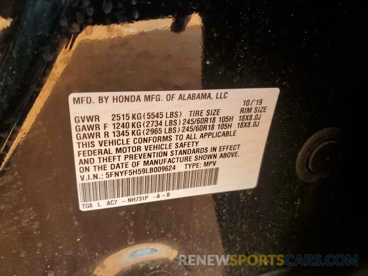 15 Photograph of a damaged car 5FNYF5H59LB009624 HONDA PILOT 2020