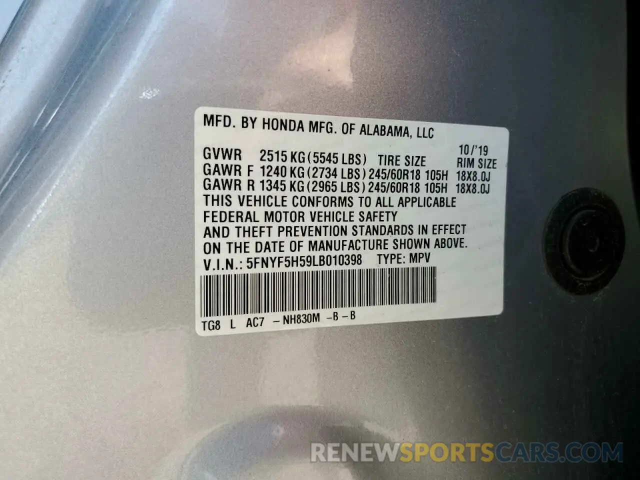 13 Photograph of a damaged car 5FNYF5H59LB010398 HONDA PILOT 2020