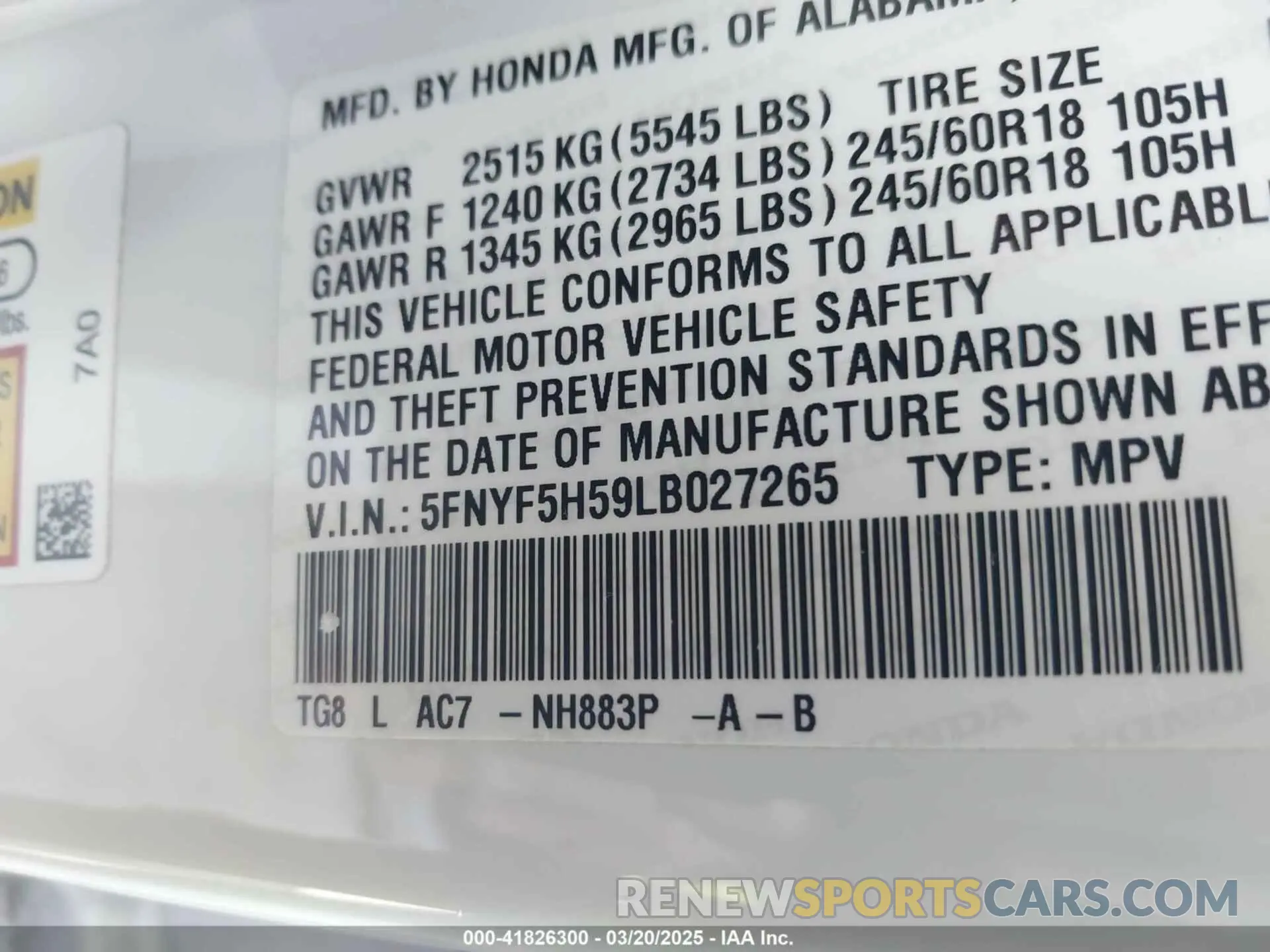 9 Photograph of a damaged car 5FNYF5H59LB027265 HONDA PILOT 2020