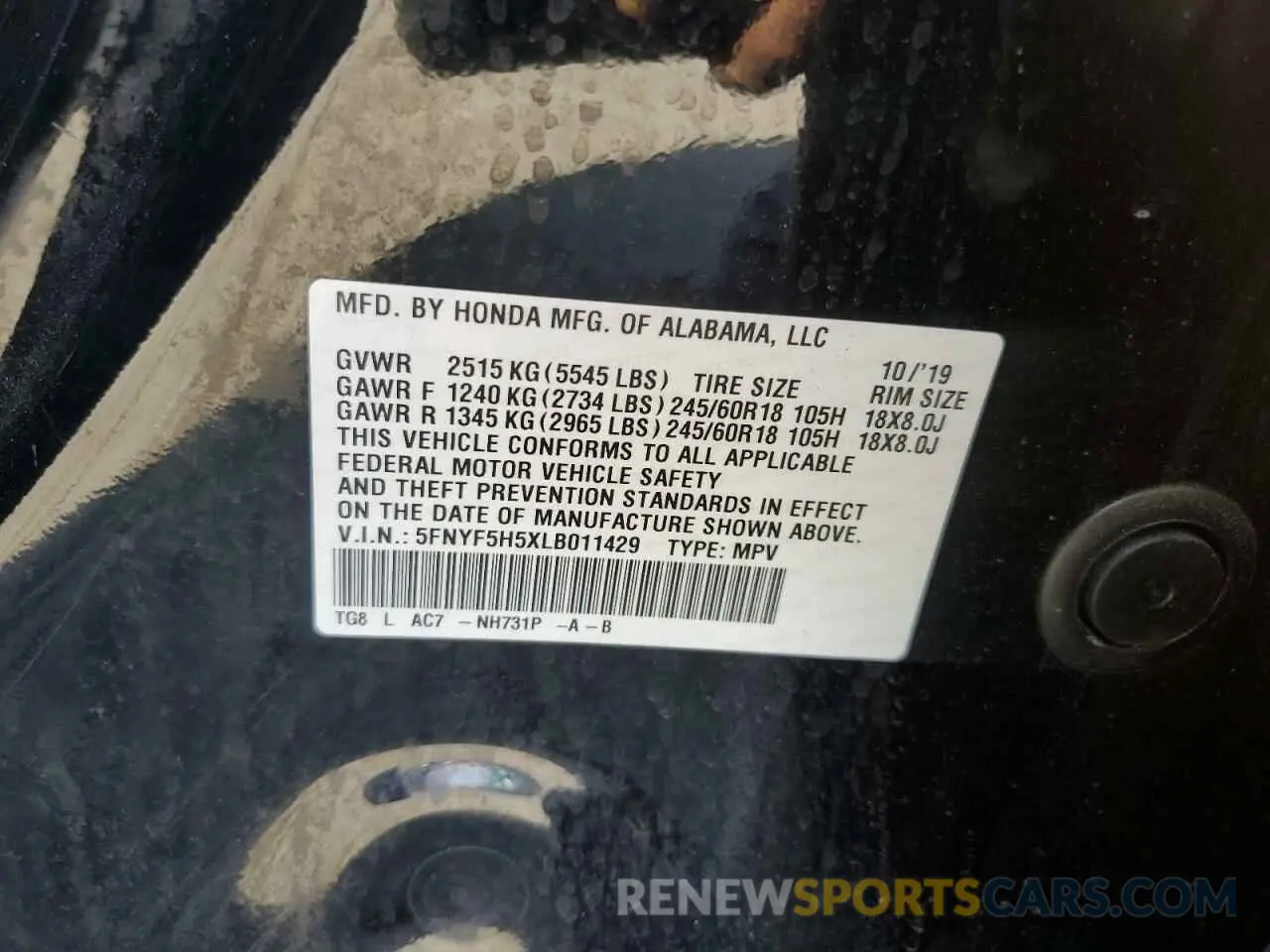 13 Photograph of a damaged car 5FNYF5H5XLB011429 HONDA PILOT 2020