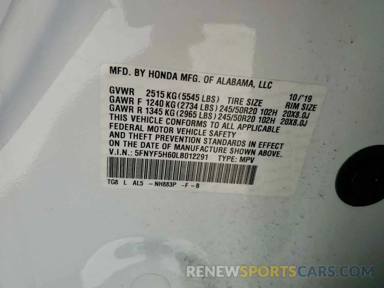 14 Photograph of a damaged car 5FNYF5H60LB012291 HONDA PILOT 2020