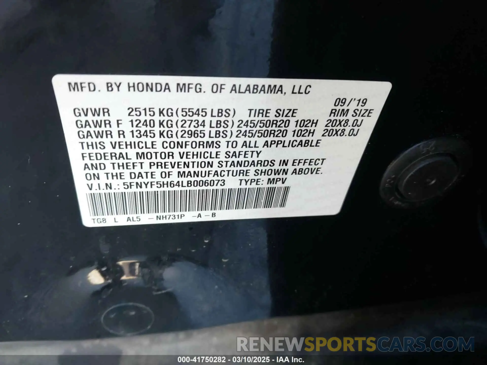 9 Photograph of a damaged car 5FNYF5H64LB006073 HONDA PILOT 2020