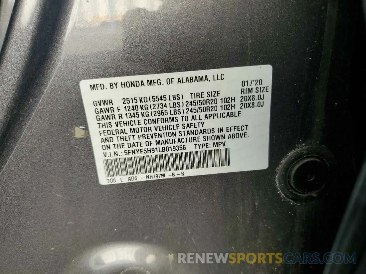 13 Photograph of a damaged car 5FNYF5H91LB019356 HONDA PILOT 2020