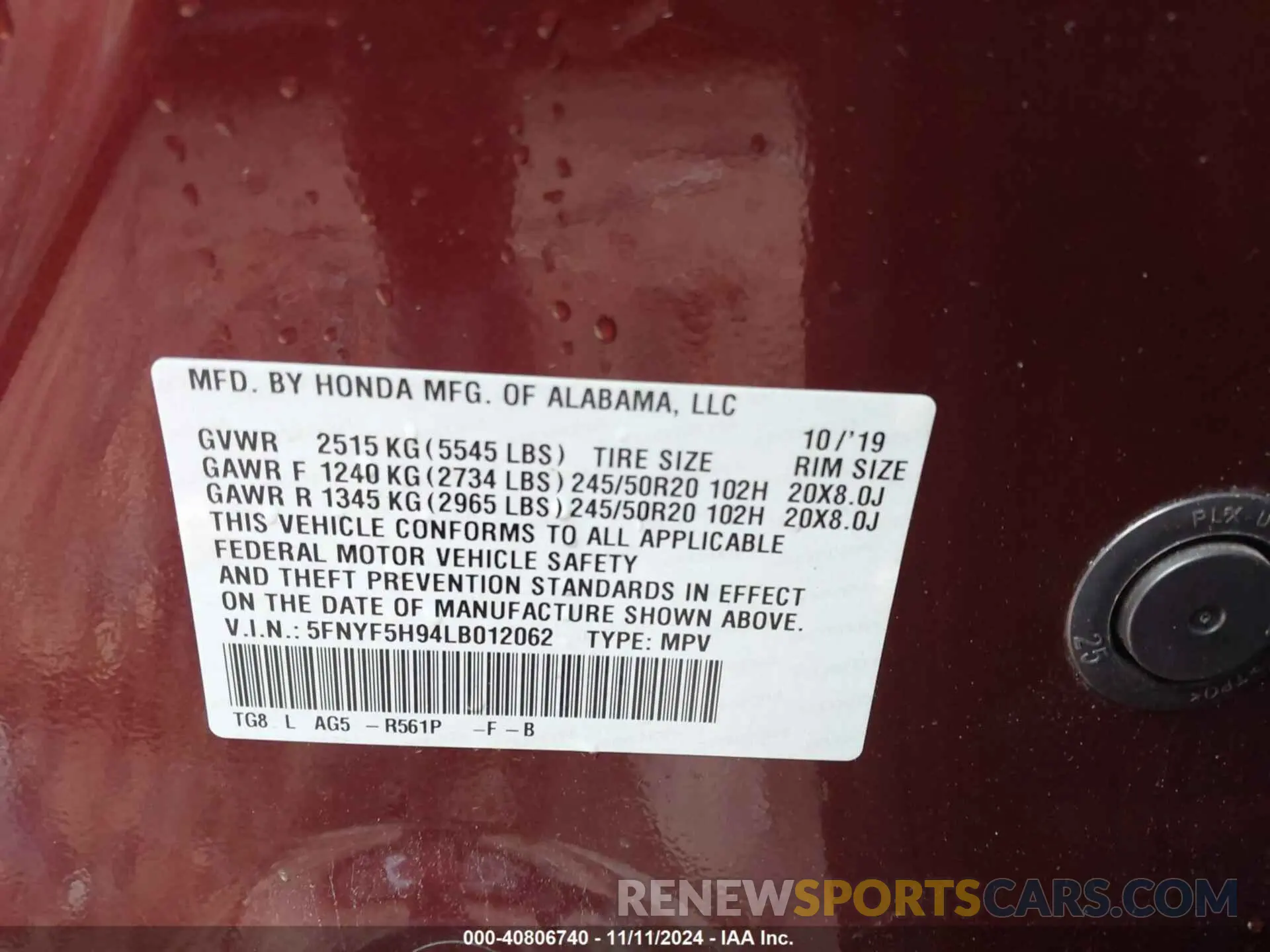 9 Photograph of a damaged car 5FNYF5H94LB012062 HONDA PILOT 2020