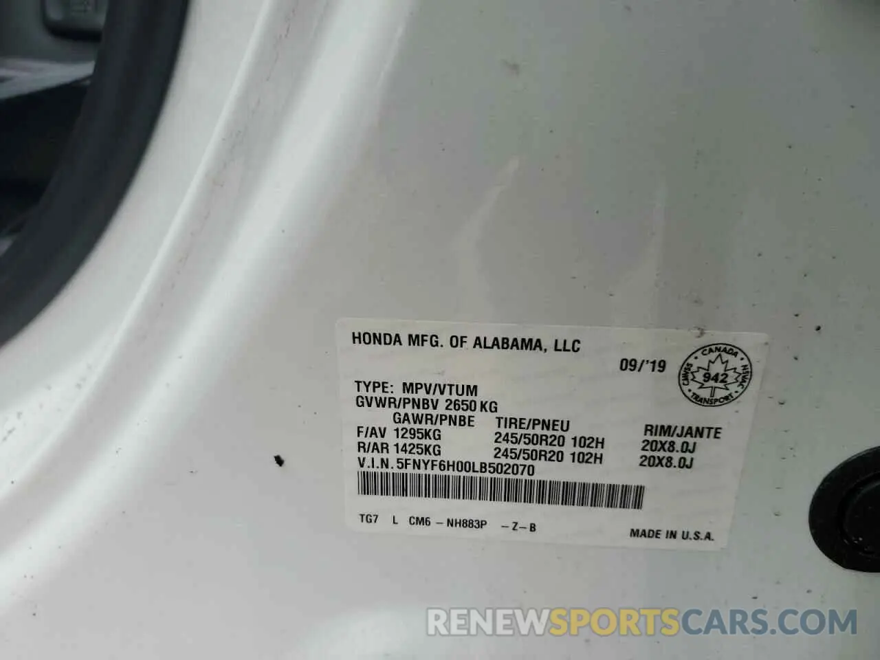 13 Photograph of a damaged car 5FNYF6H00LB502070 HONDA PILOT 2020