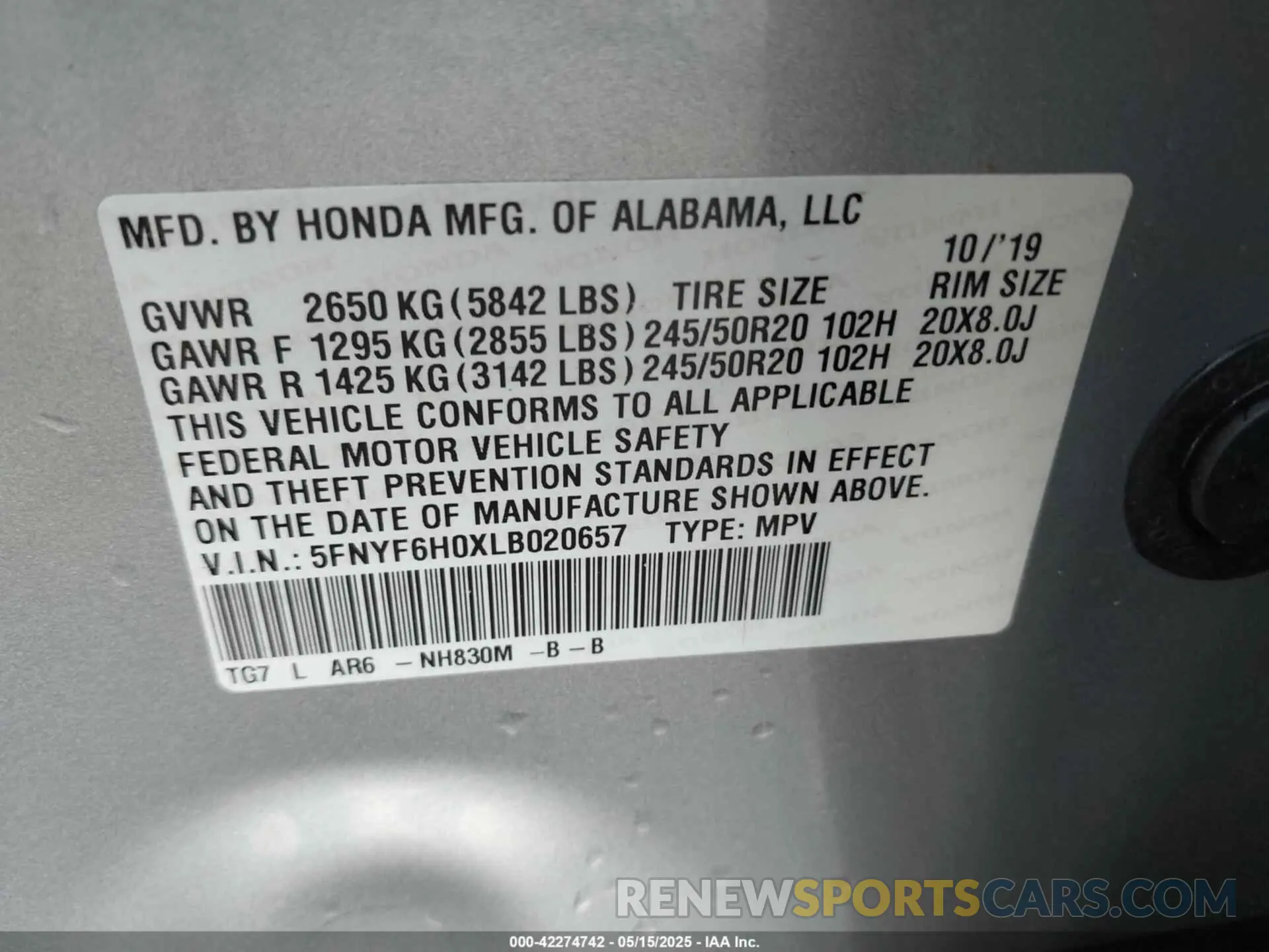 9 Photograph of a damaged car 5FNYF6H0XLB020657 HONDA PILOT 2020