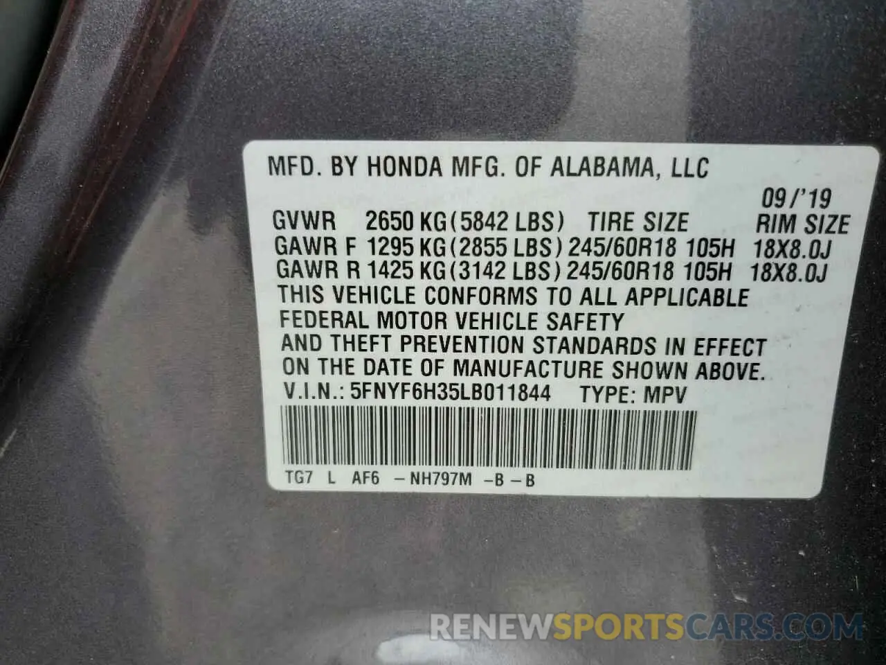 13 Photograph of a damaged car 5FNYF6H35LB011844 HONDA PILOT 2020