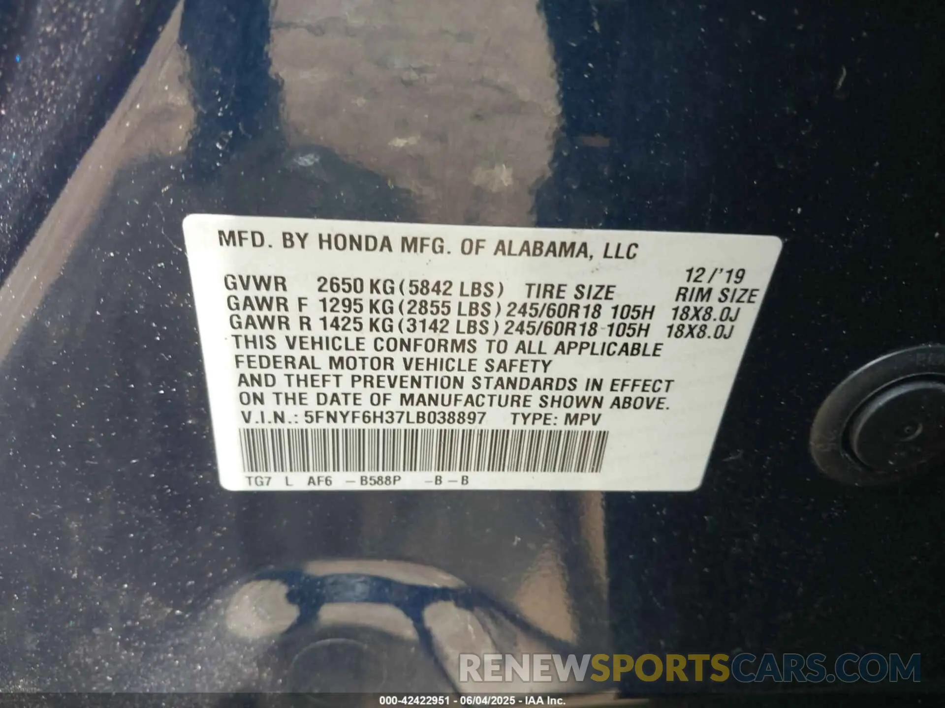 9 Photograph of a damaged car 5FNYF6H37LB038897 HONDA PILOT 2020