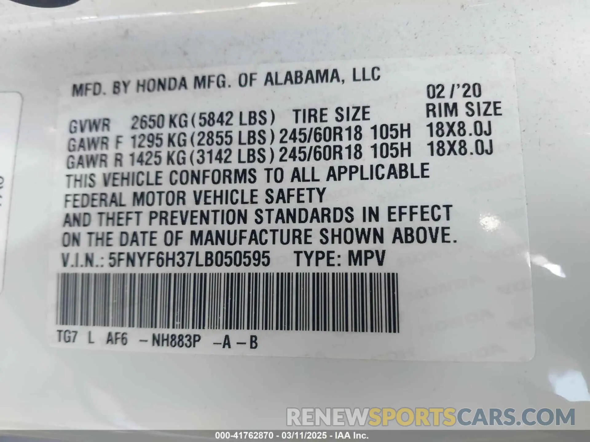 9 Photograph of a damaged car 5FNYF6H37LB050595 HONDA PILOT 2020