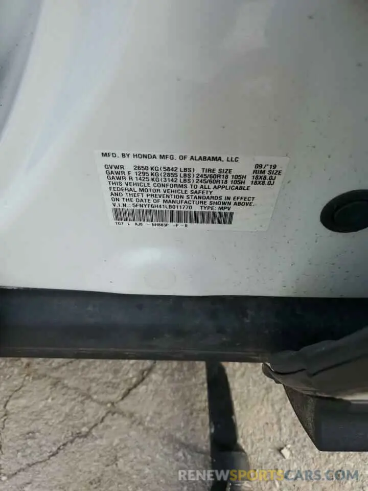 13 Photograph of a damaged car 5FNYF6H41LB011770 HONDA PILOT 2020