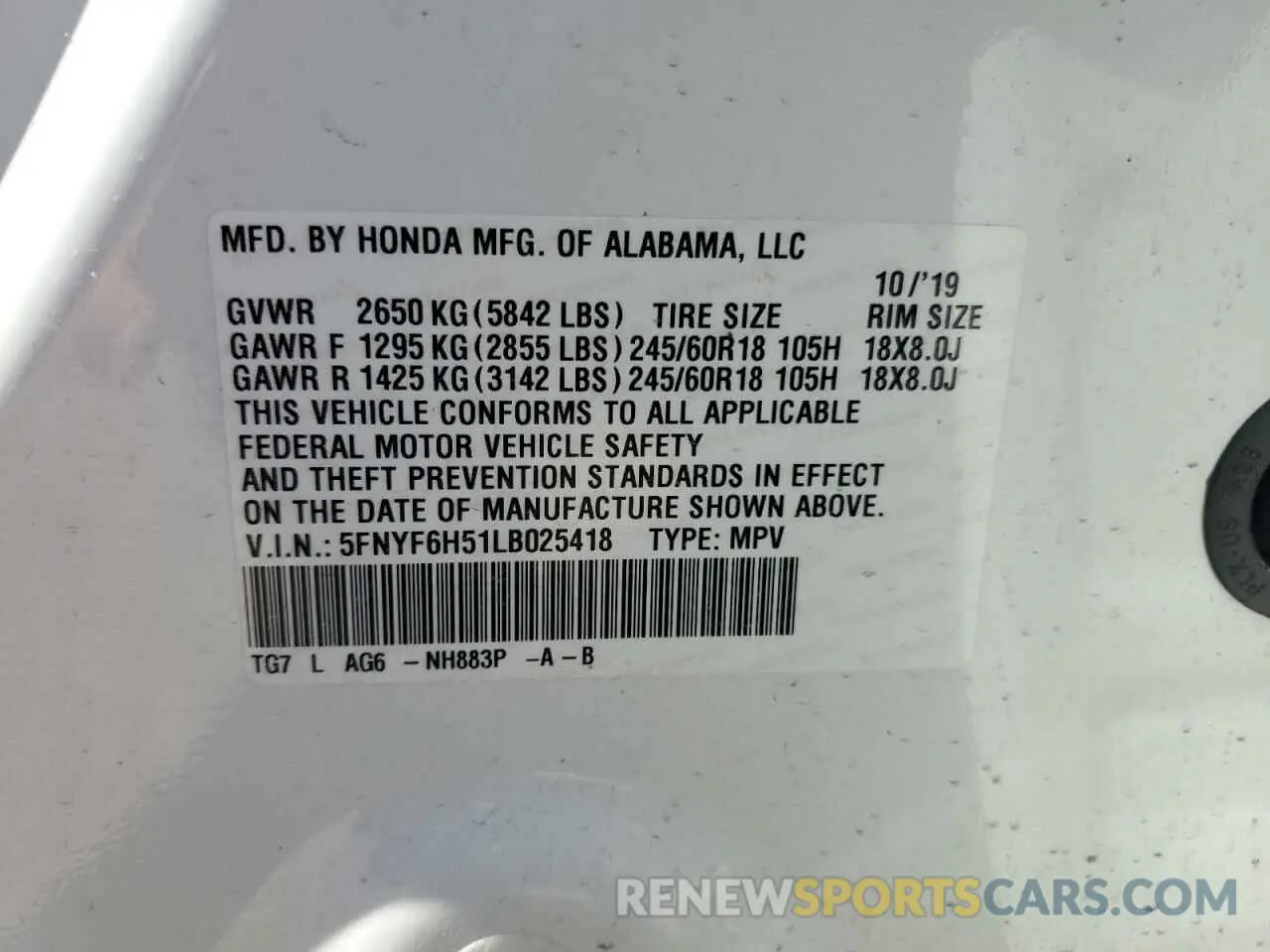 14 Photograph of a damaged car 5FNYF6H51LB025418 HONDA PILOT 2020