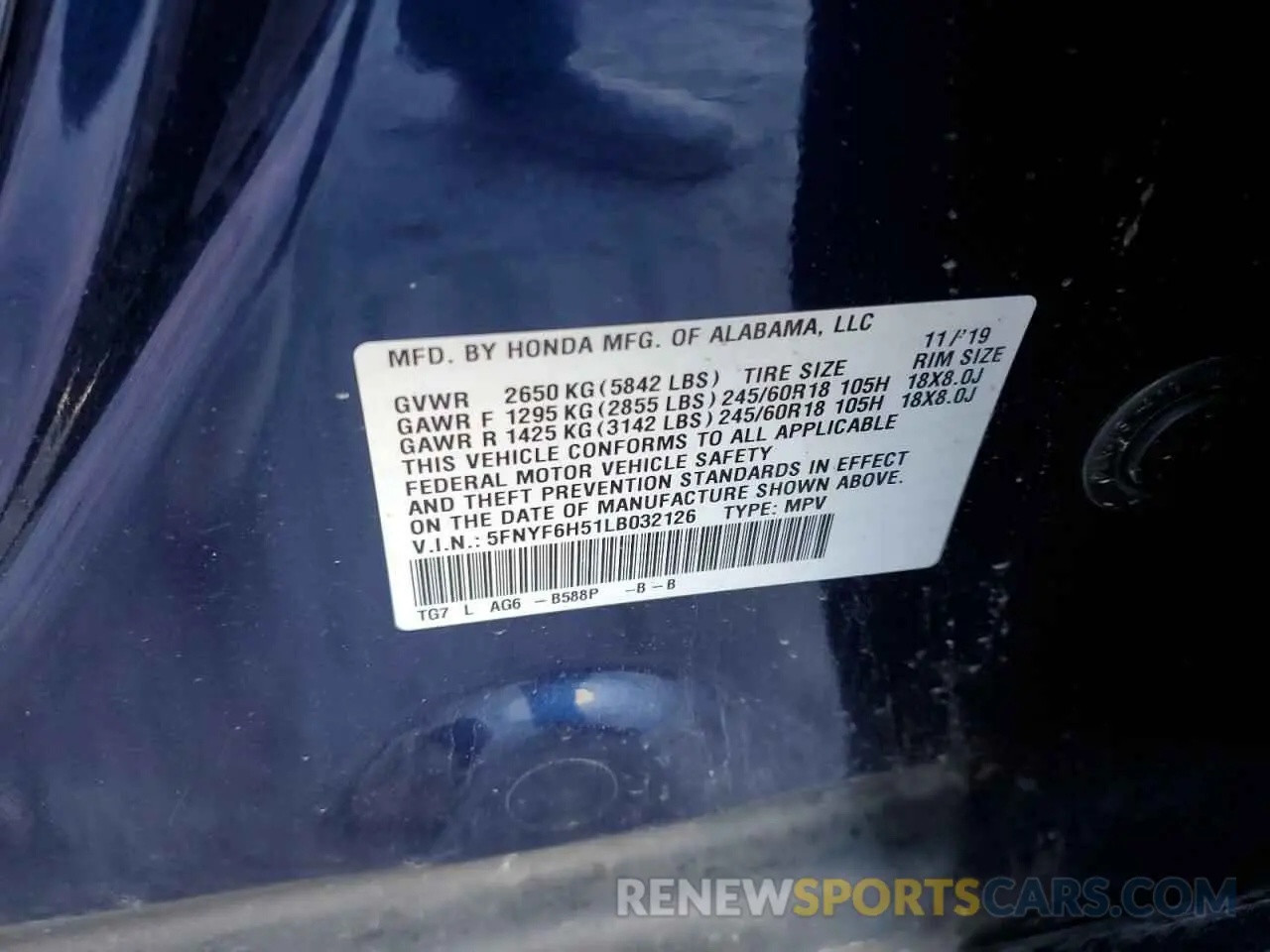 13 Photograph of a damaged car 5FNYF6H51LB032126 HONDA PILOT 2020