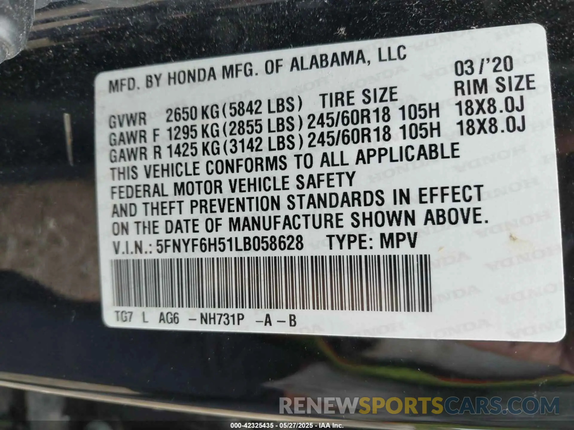 9 Photograph of a damaged car 5FNYF6H51LB058628 HONDA PILOT 2020