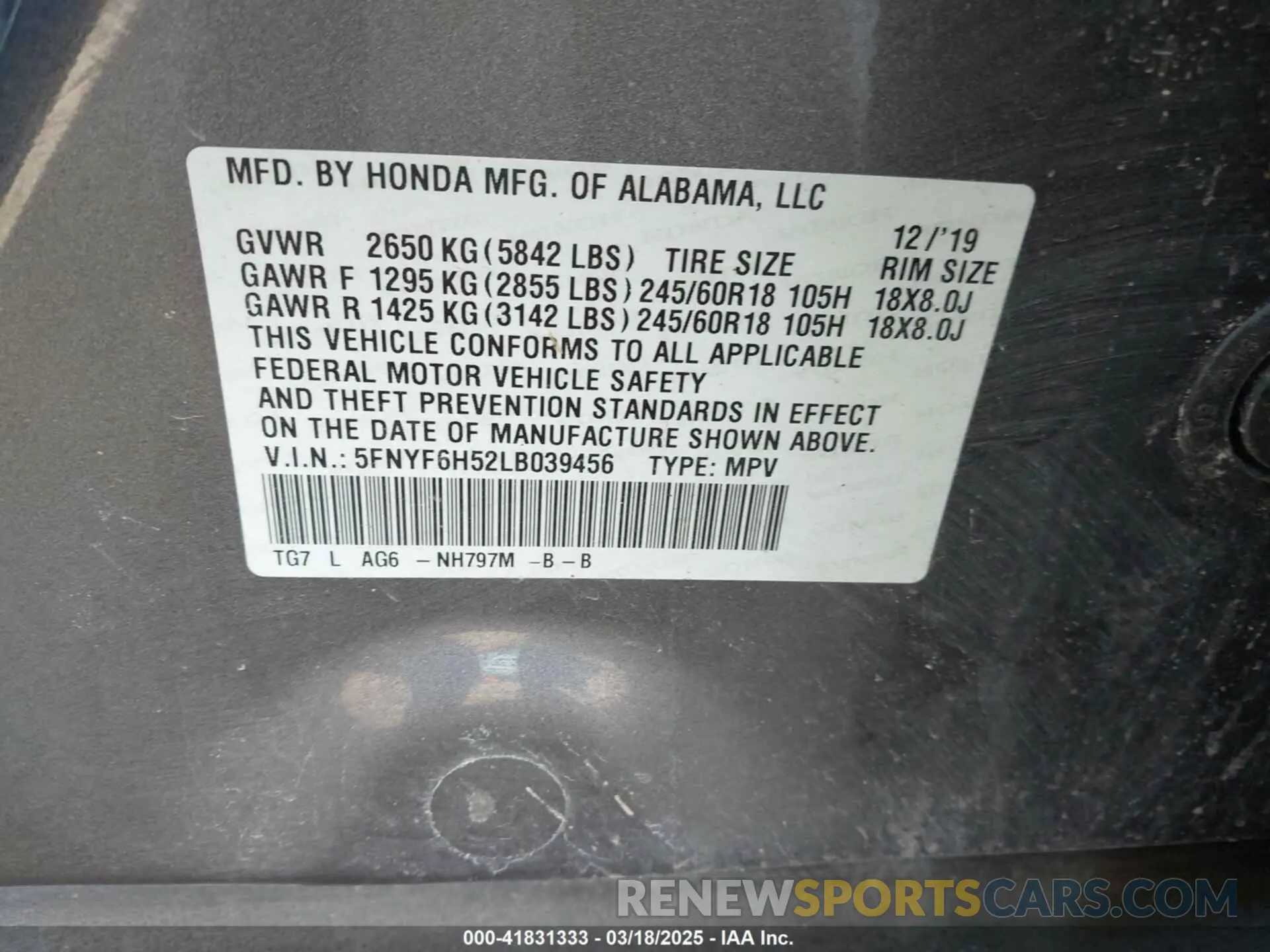 9 Photograph of a damaged car 5FNYF6H52LB039456 HONDA PILOT 2020